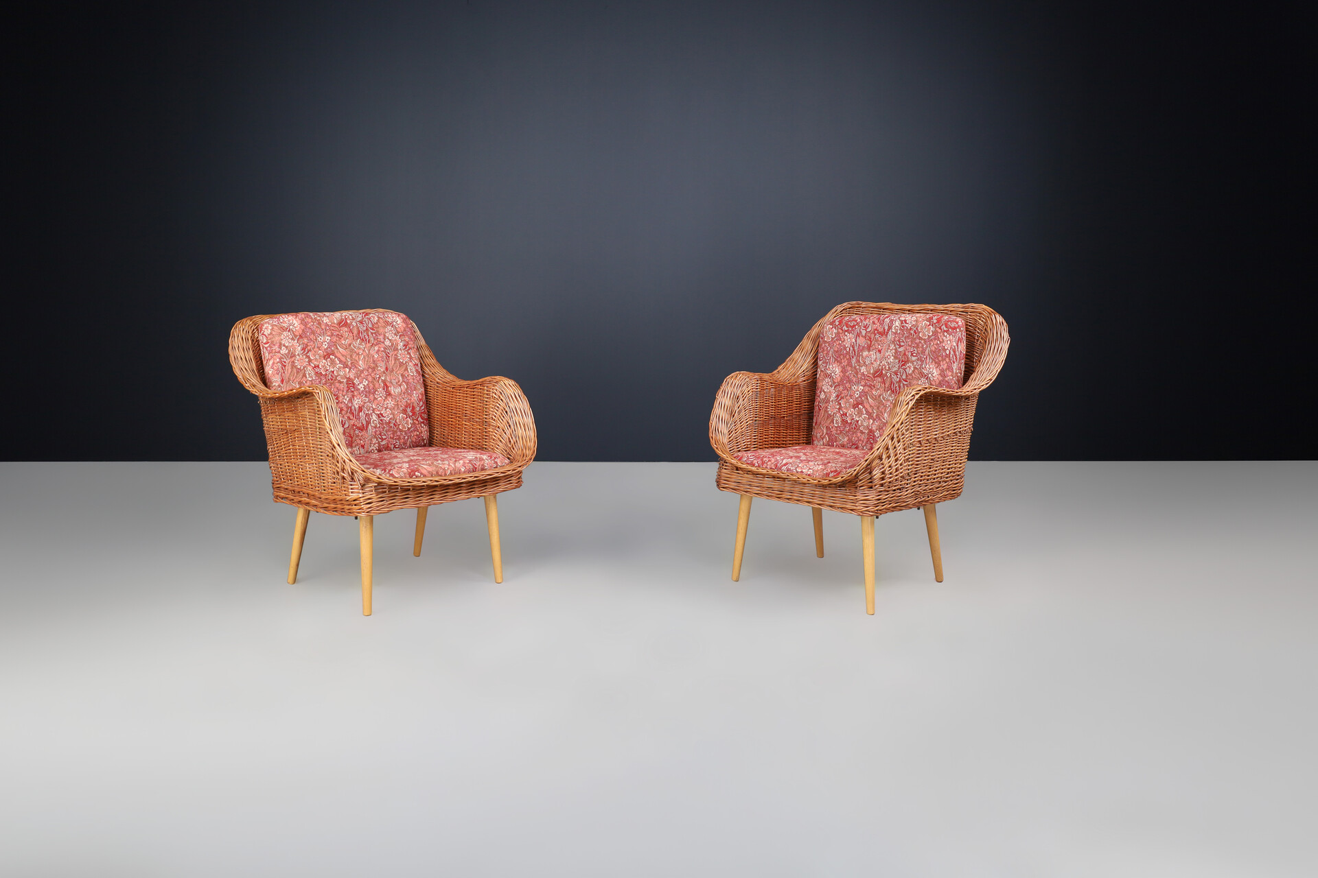 Mid century modern Rattan and wood armchairs, France 1950 Mid-20th century