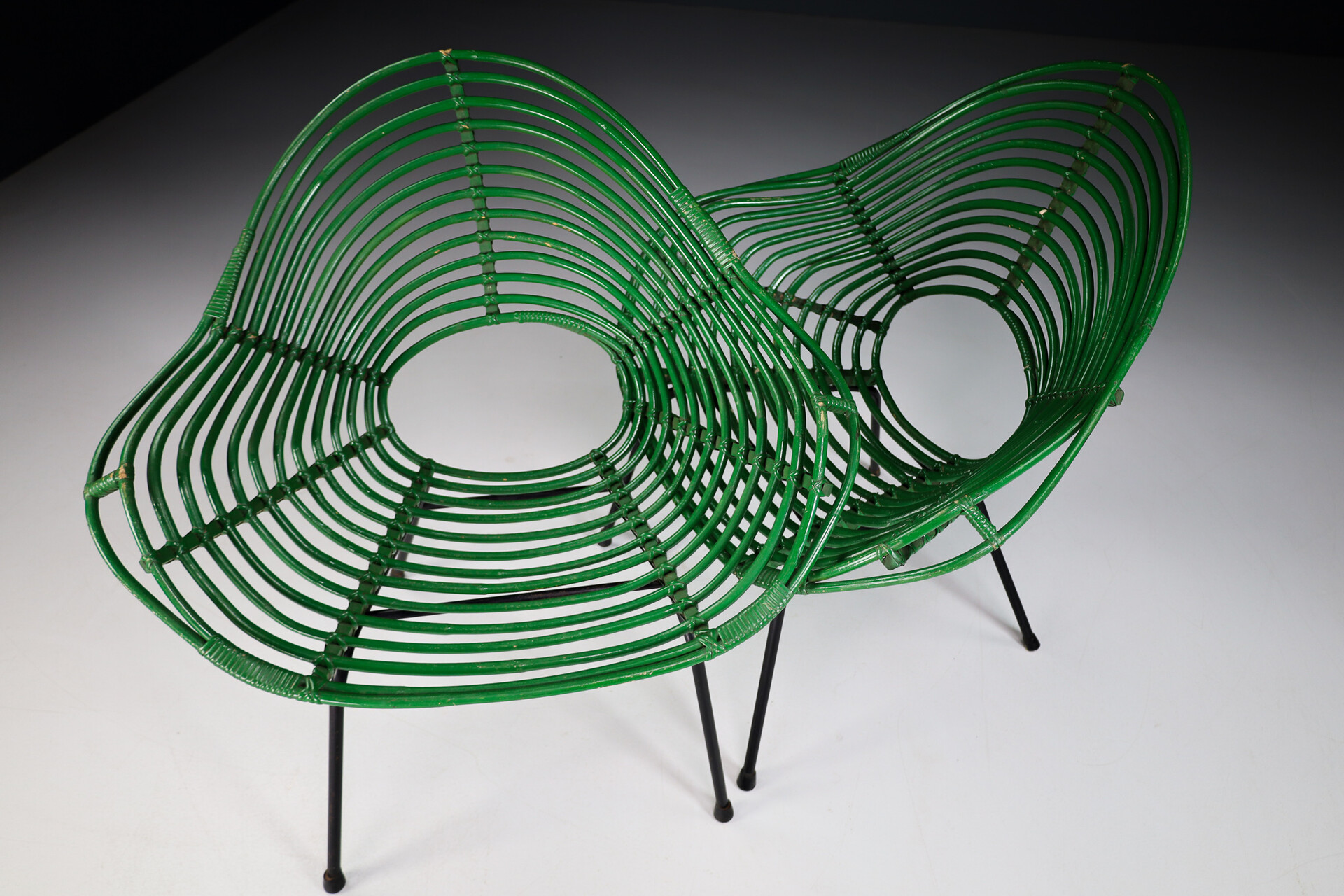 Mid century modern Rattan Bamboo Armchairs Black Metal Legs , Italt 1960s Mid-20th century