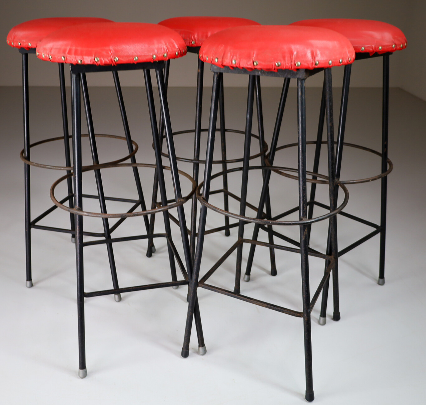 Mid century modern Red leather bar stools , France 1960s Mid-20th century