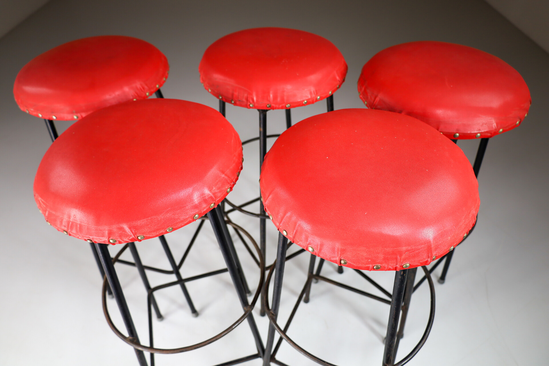 Mid century modern Red leather bar stools , France 1960s Mid-20th century