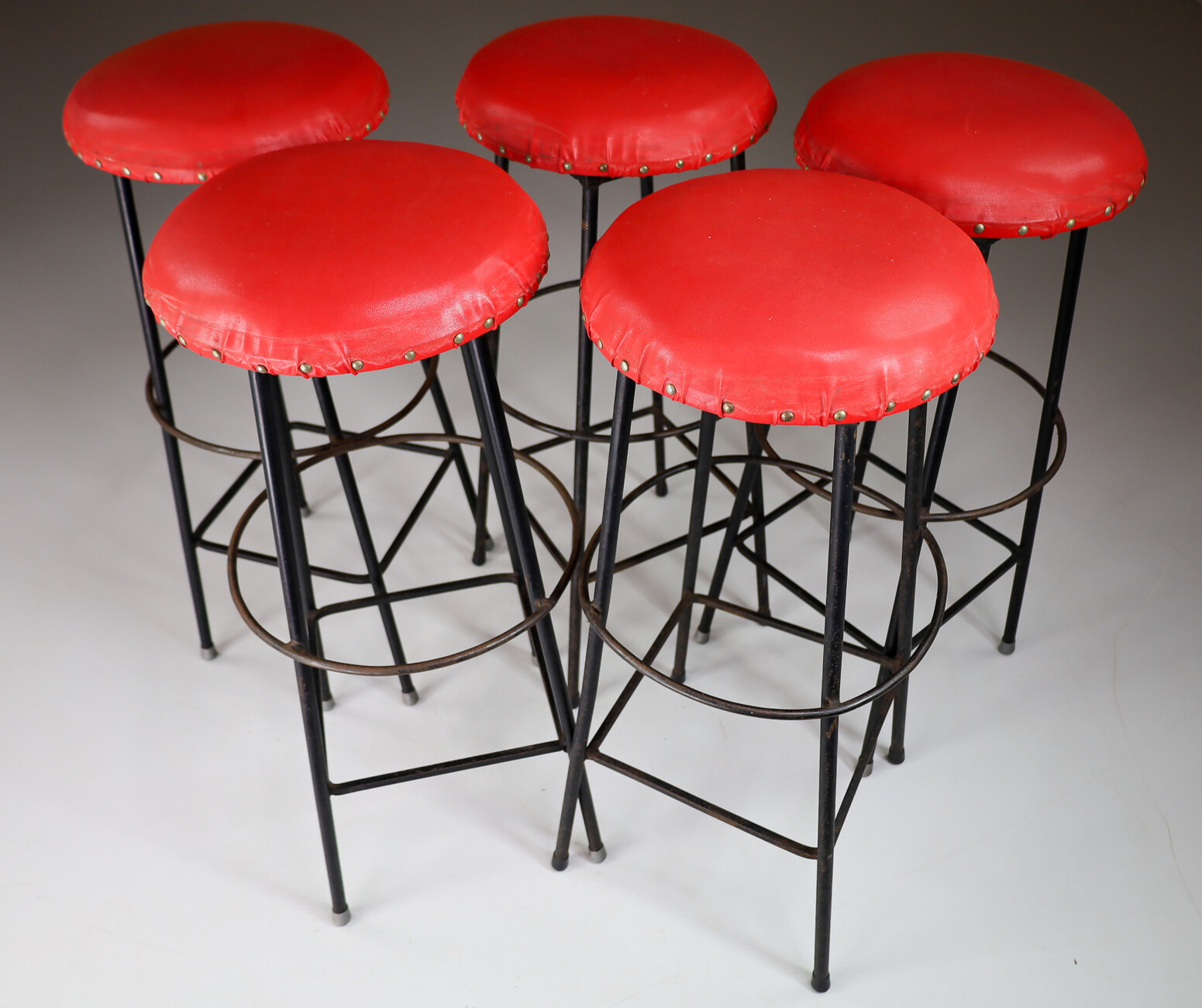 Mid century modern Red leather bar stools , France 1960s Mid-20th century
