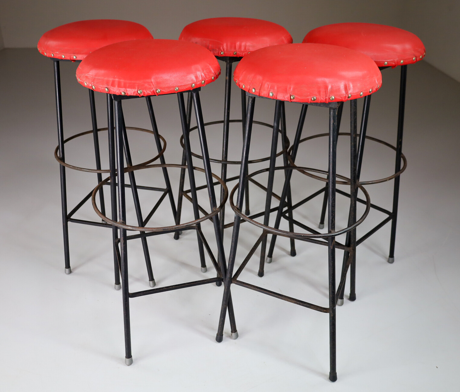 Mid century modern Red leather bar stools , France 1960s Mid-20th century