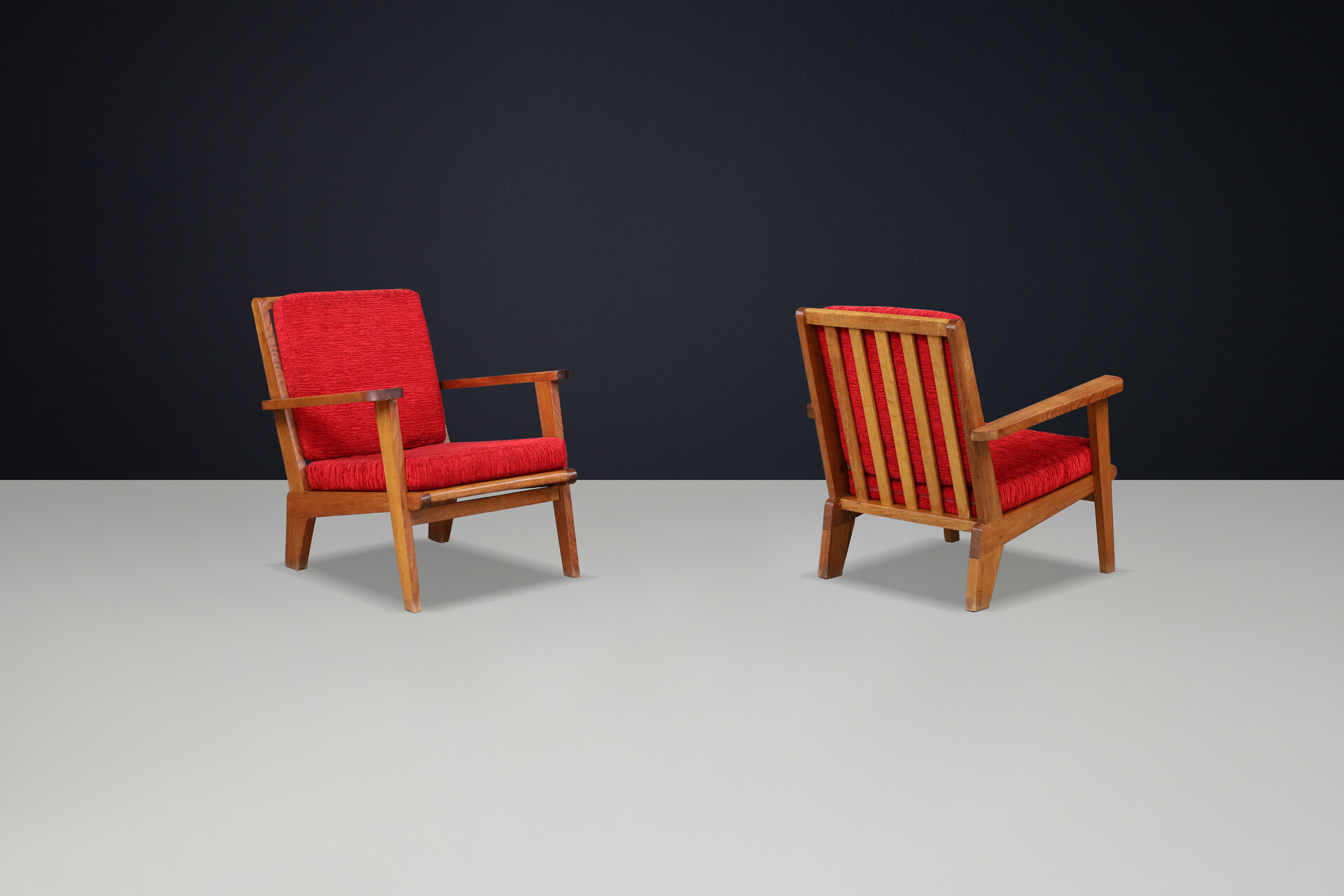 Mid century modern René Gabriel-Style Oak Lounge Chairs, France, 1950s — Pair, 2 Sets Available Mid-20th century