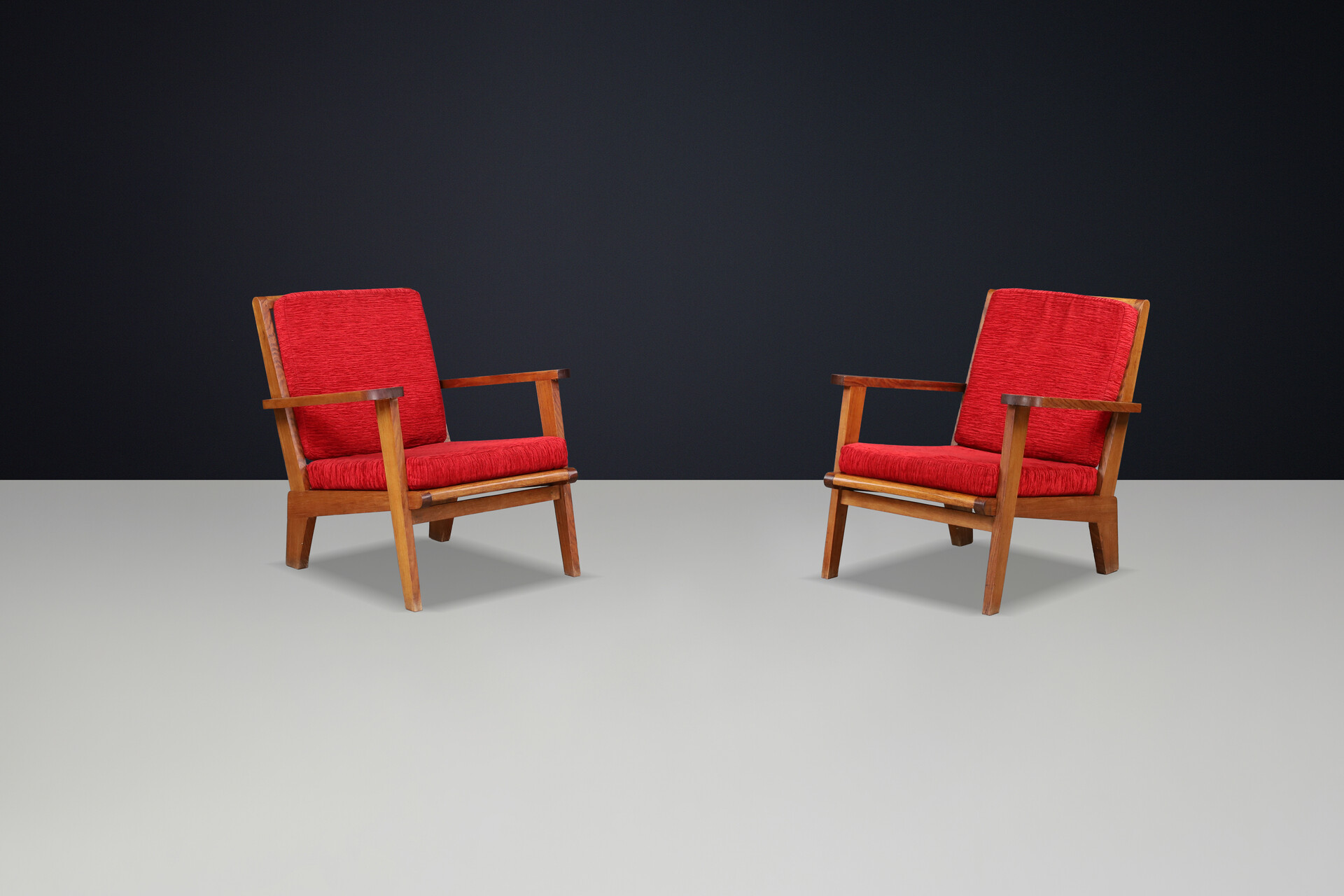 Mid century modern René Gabriel-Style Oak Lounge Chairs, France, 1950s — Pair, 2 Sets Available Mid-20th century