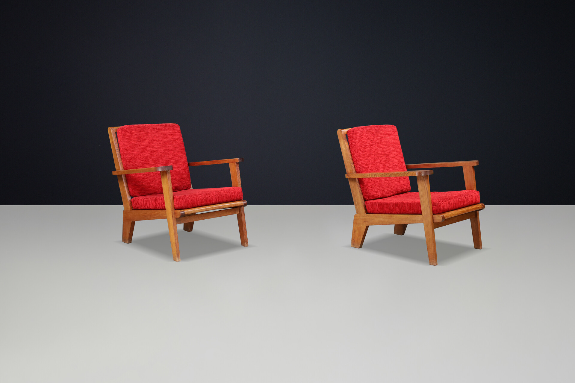 Mid century modern René Gabriel-Style Oak Lounge Chairs, France, 1950s — Pair, 2 Sets Available Mid-20th century