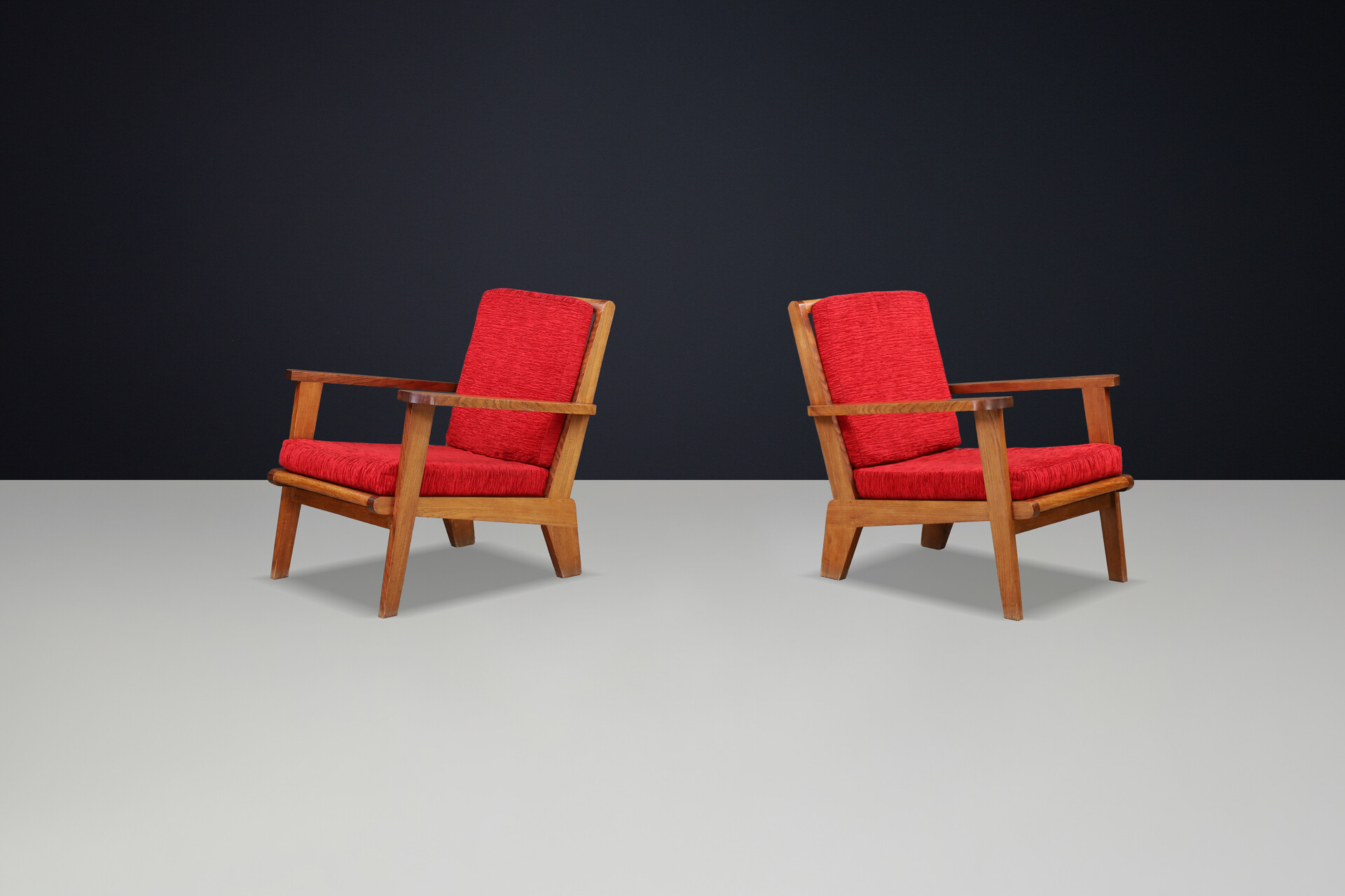 Mid century modern René Gabriel-Style Oak Lounge Chairs, France, 1950s — Pair, 2 Sets Available Mid-20th century