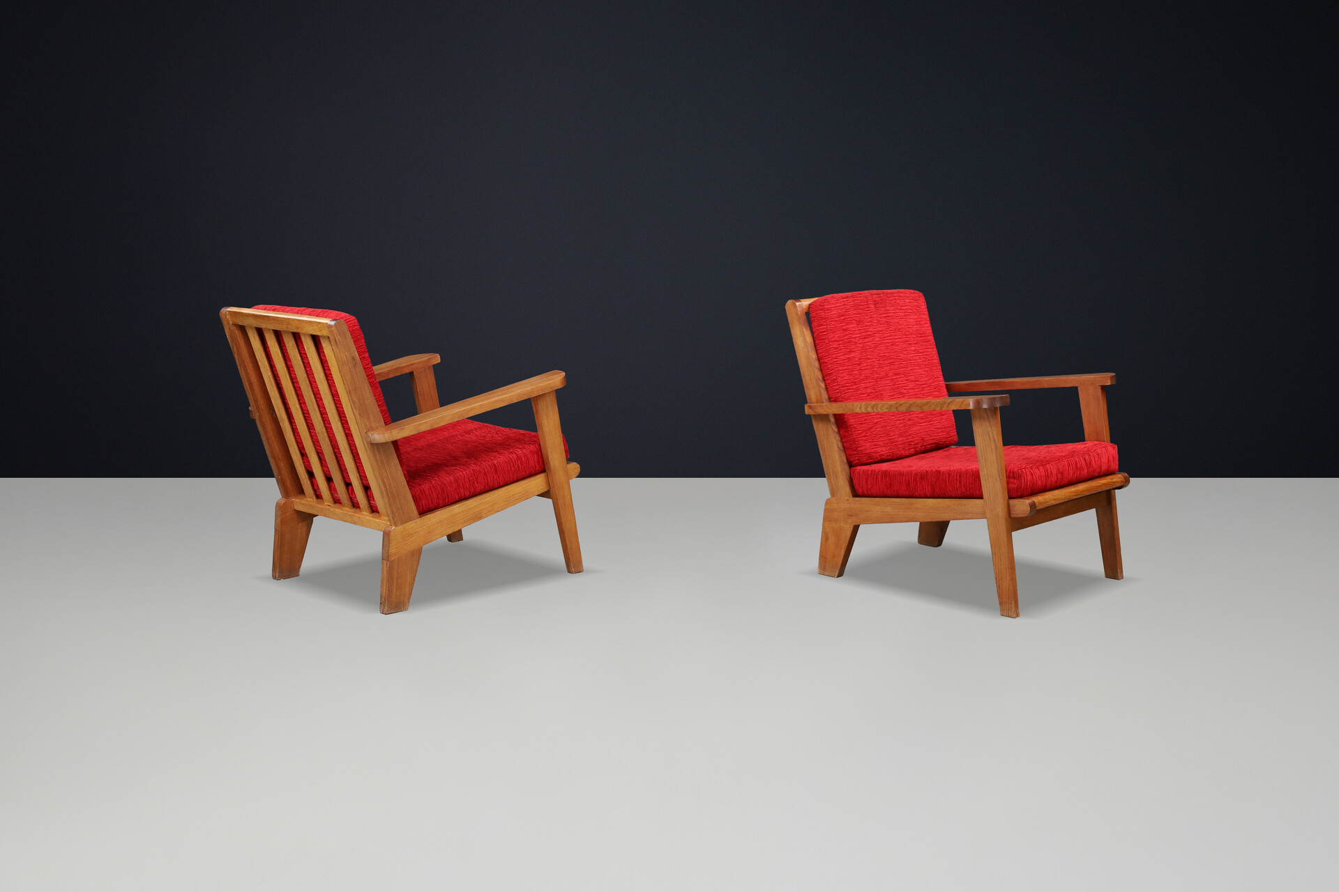 Mid century modern René Gabriel-Style Oak Lounge Chairs, France, 1950s — Pair, 2 Sets Available Mid-20th century
