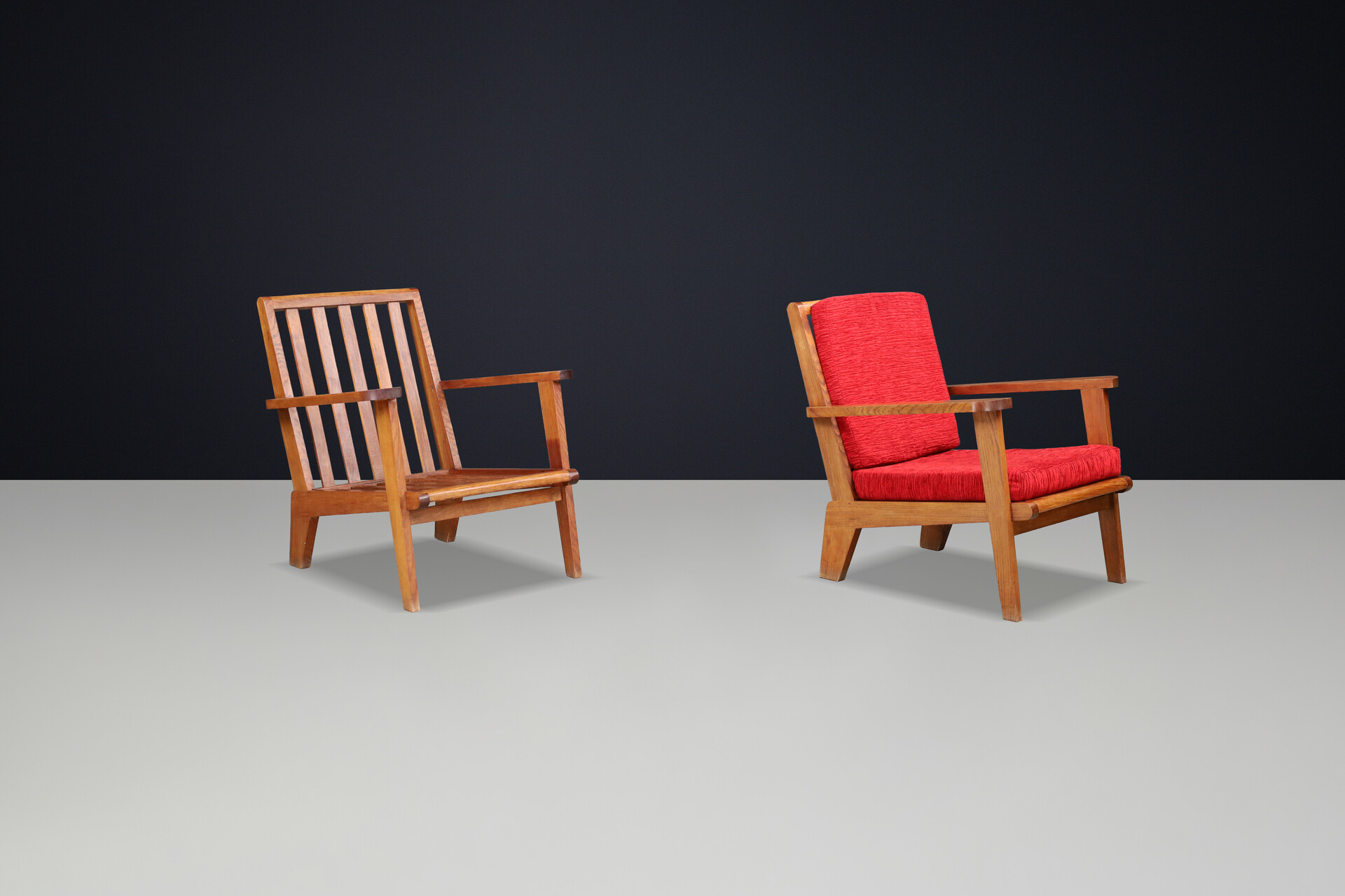 Mid century modern René Gabriel-Style Oak Lounge Chairs, France, 1950s — Pair, 2 Sets Available Mid-20th century
