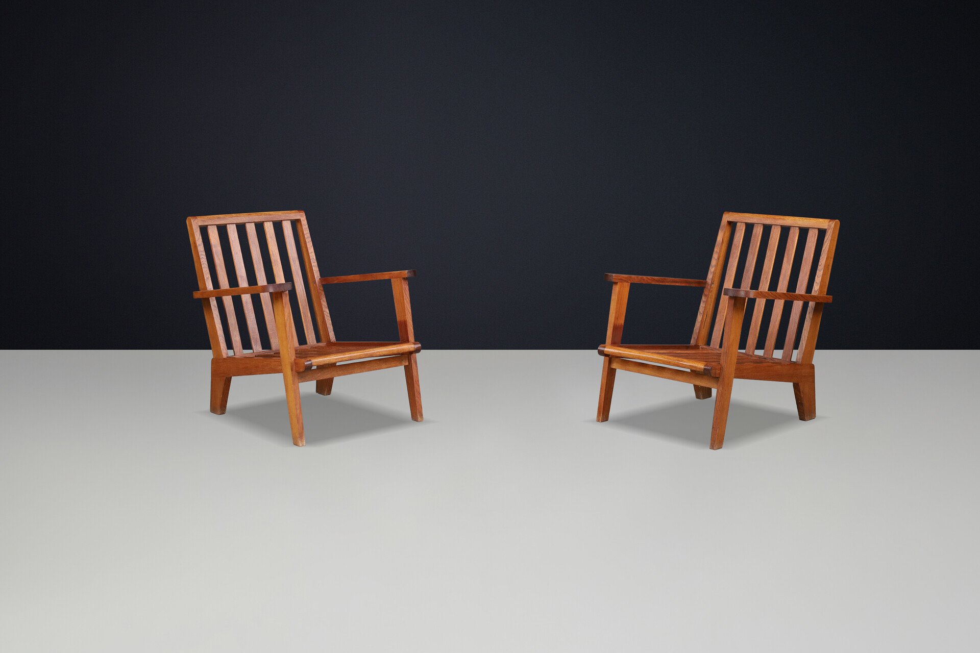 Mid century modern René Gabriel-Style Oak Lounge Chairs, France, 1950s — Pair, 2 Sets Available Mid-20th century