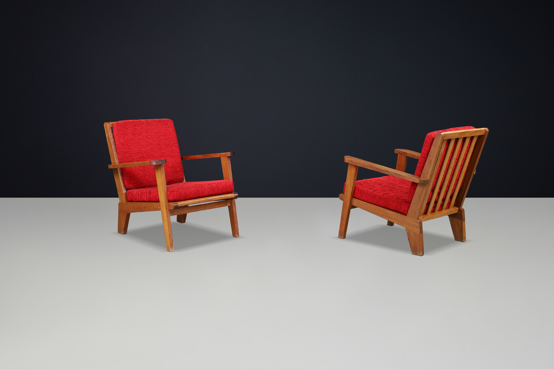 Mid century modern René Gabriel-Style Oak Lounge Chairs, France, 1950s — Pair, 2 Sets Available Mid-20th century