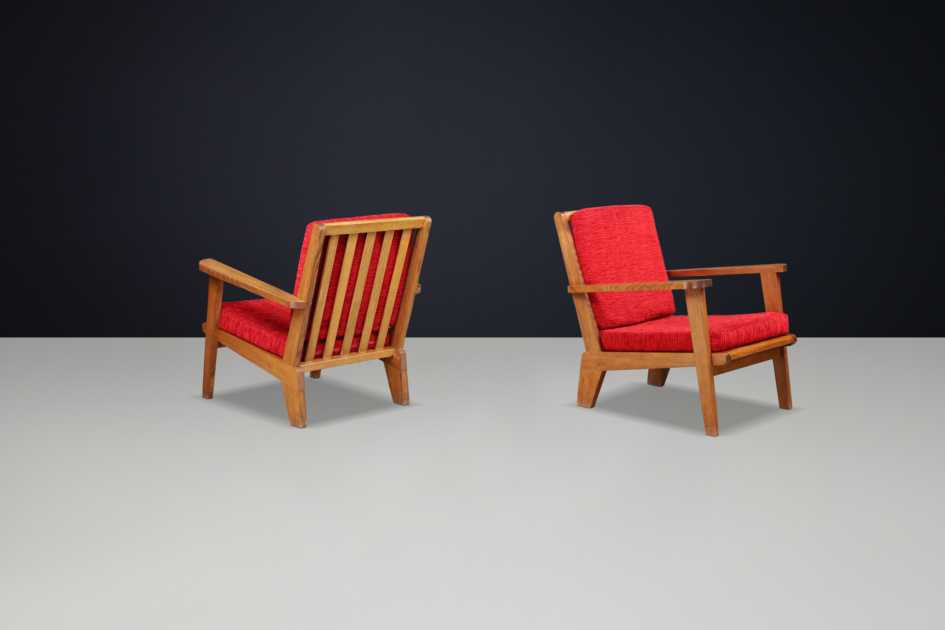 Mid century modern René Gabriel-Style Oak Lounge Chairs, France, 1950s — Pair, 2 Sets Available Mid-20th century