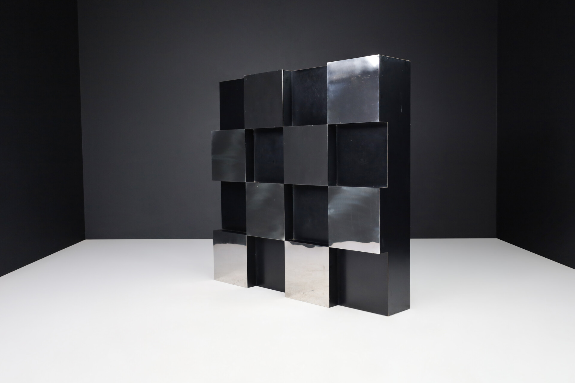Mid century modern Roberto Monsani Square Grid Coffee Table in Black and Steel, Italy, 1970s Late-20th century