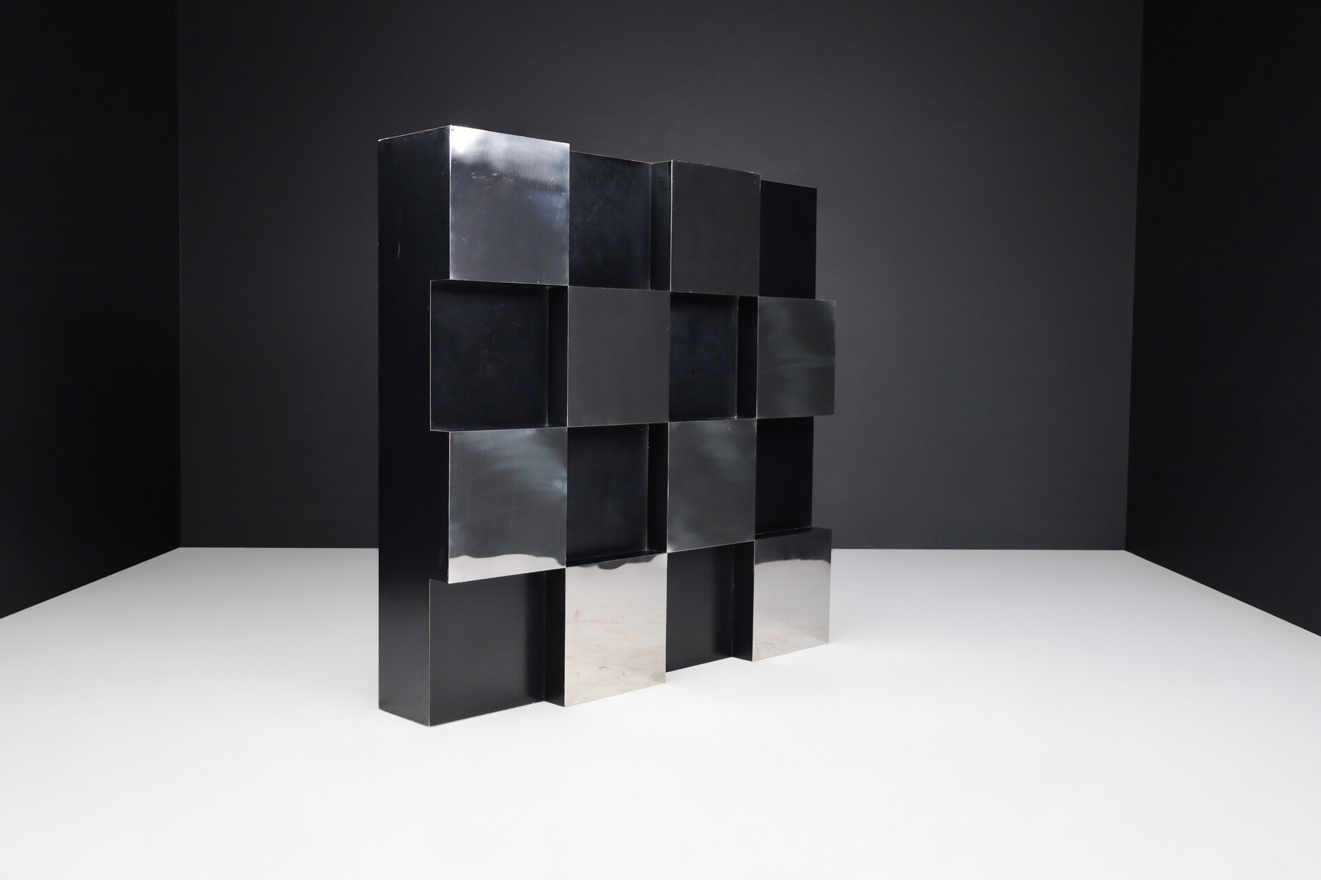 Mid century modern Roberto Monsani Square Grid Coffee Table in Black and Steel, Italy, 1970s Late-20th century
