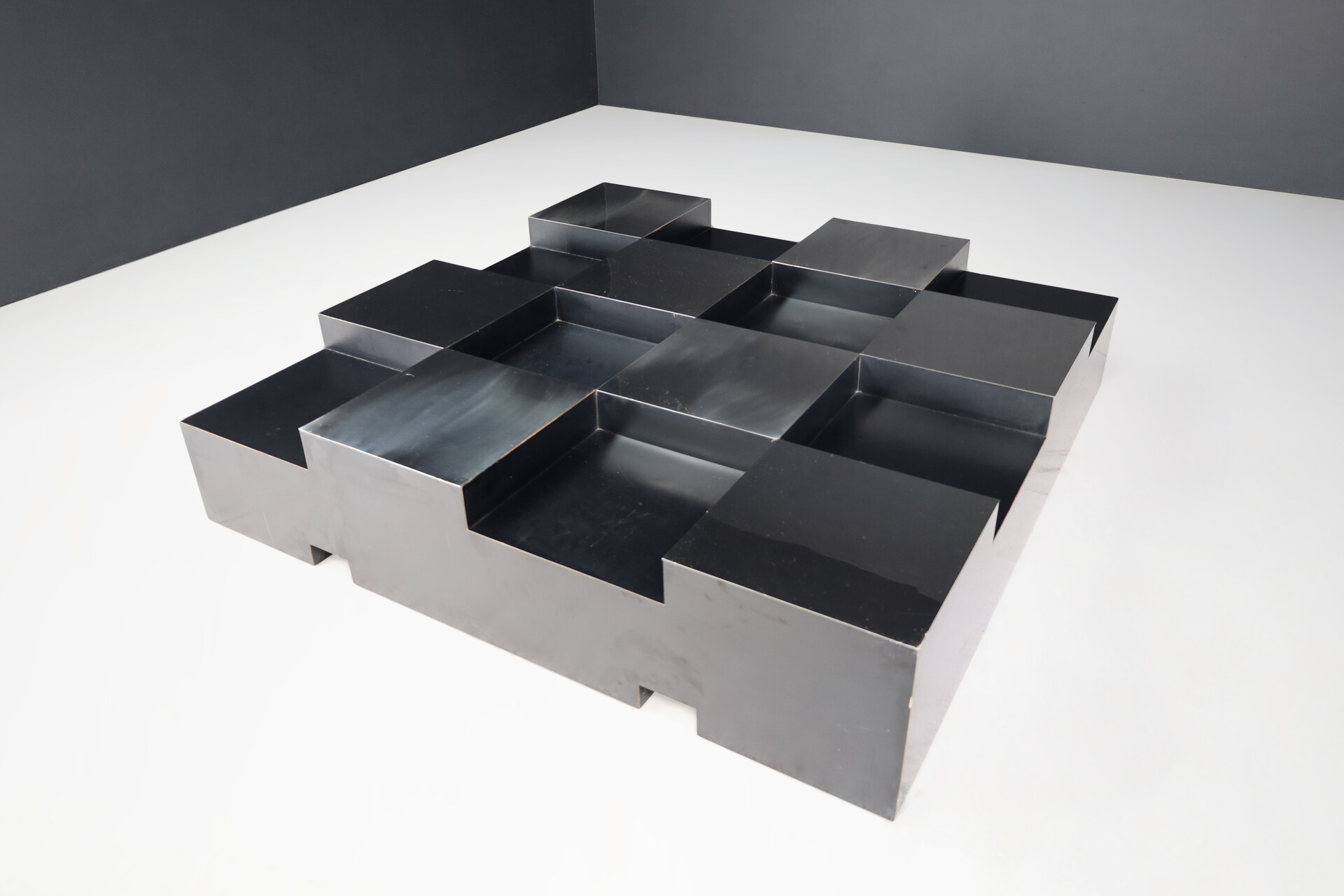 Mid century modern Roberto Monsani Square Grid Coffee Table in Black and Steel, Italy, 1970s Late-20th century