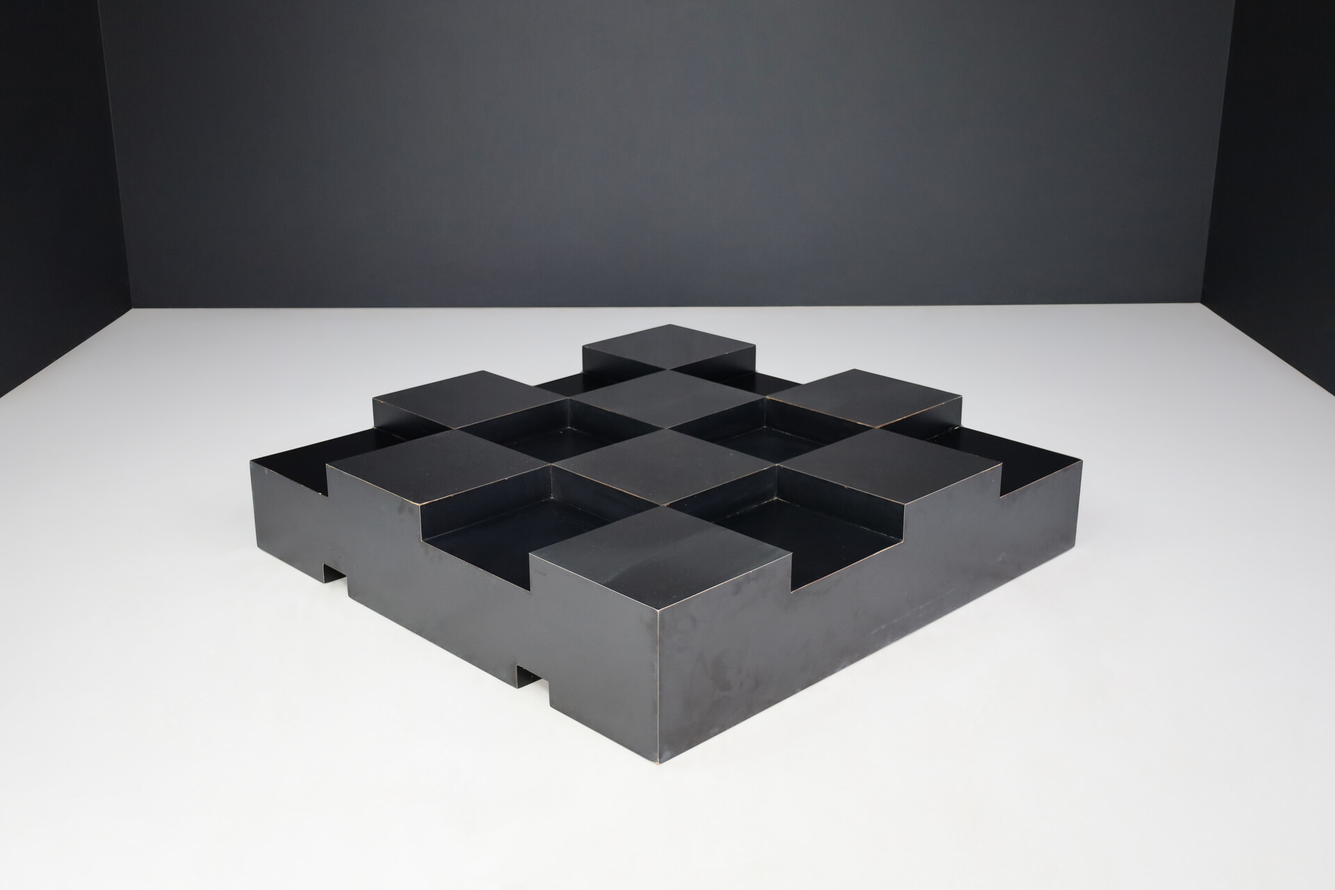 Mid century modern Roberto Monsani Square Grid Coffee Table in Black and Steel, Italy, 1970s Late-20th century