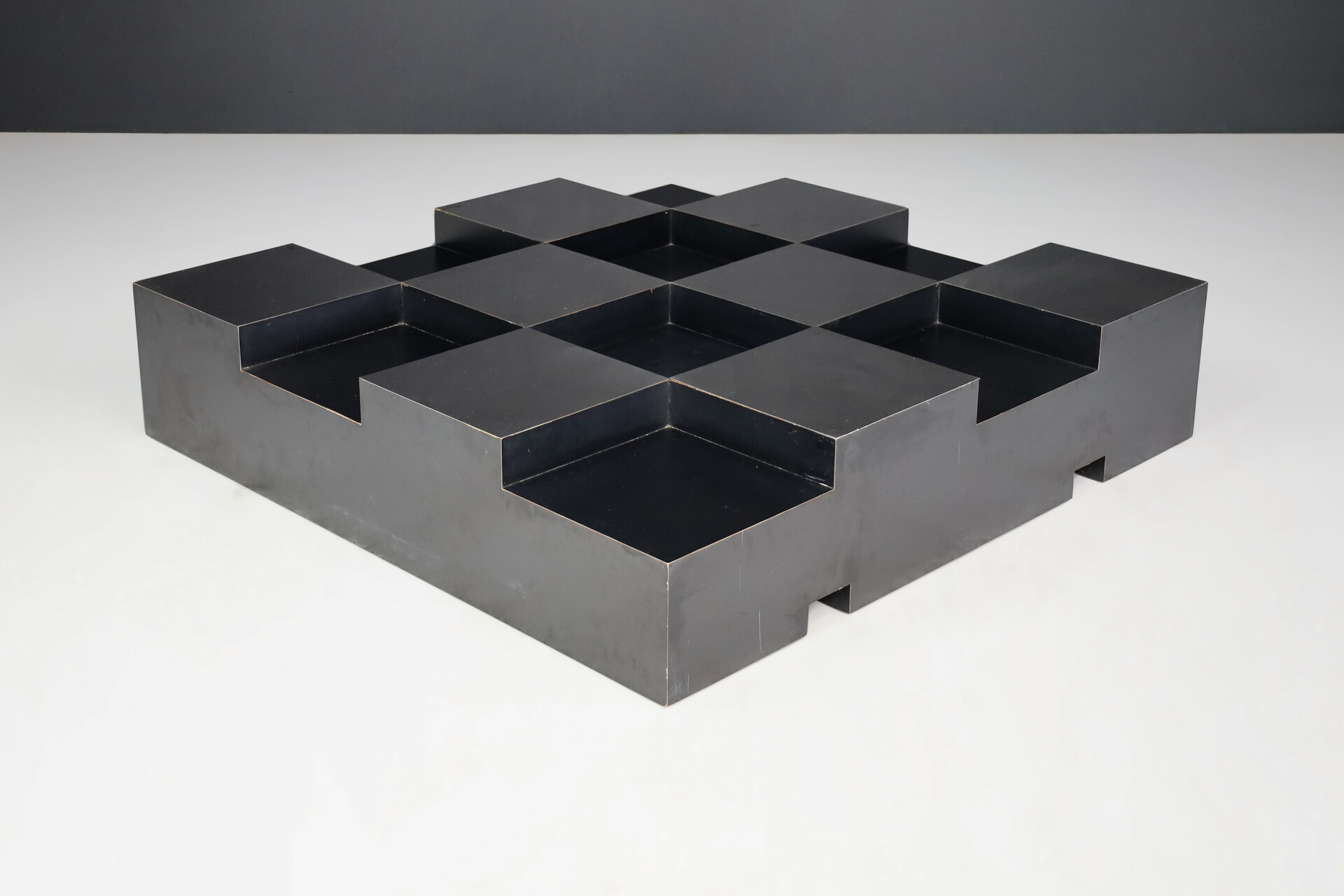 Mid century modern Roberto Monsani Square Grid Coffee Table in Black and Steel, Italy, 1970s Late-20th century