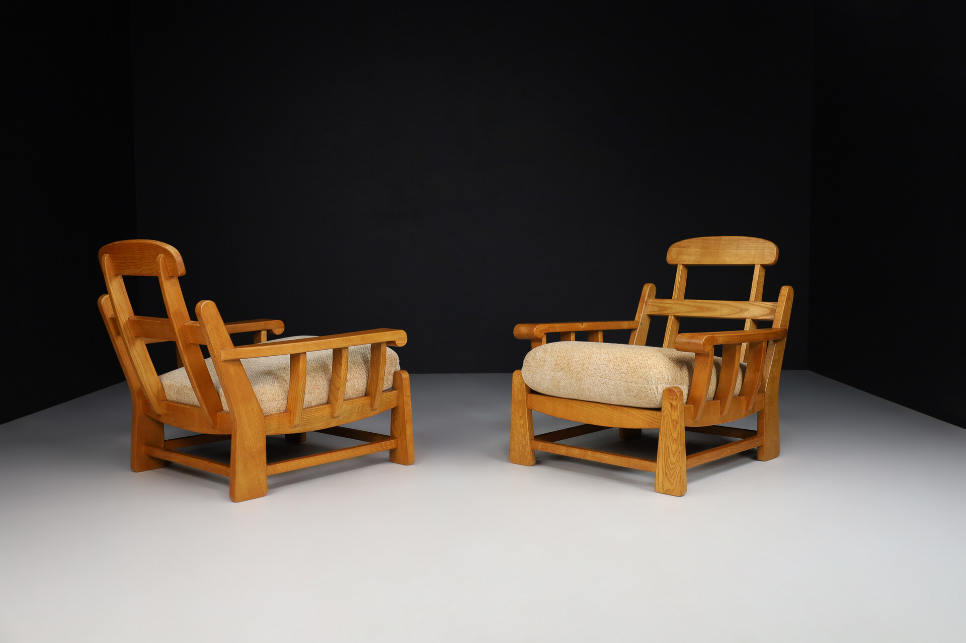Mid century modern Sculptural Elm Lounge Chairs / Armchairs by Maison Regain, France 1970s Mid-20th century