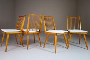 Mid century modern Set/4 Dining chairs in Elm and new boucle fabric, France 1950s Mid-20th century