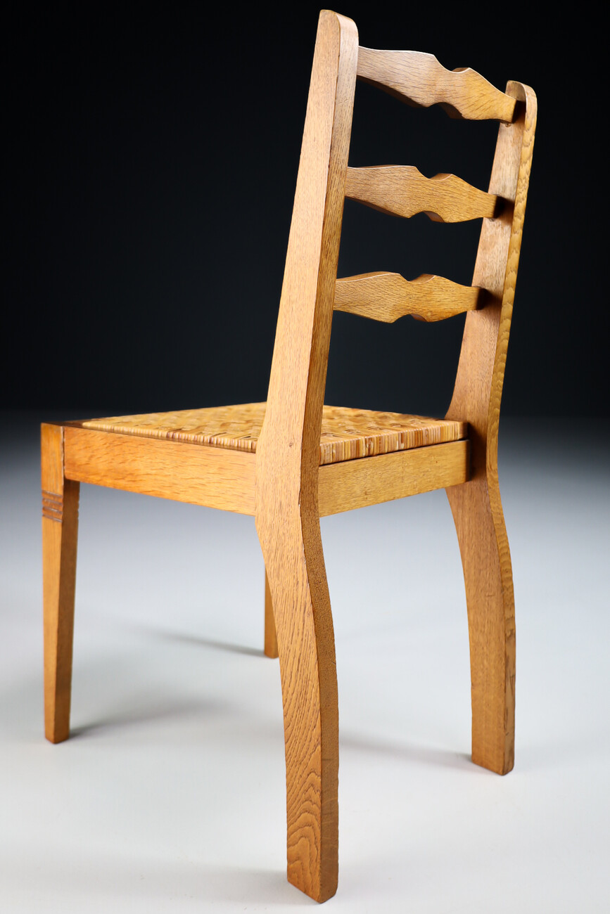 Mid century modern Set/6 Oak and cane dining chairs France 1950s Mid-20th century