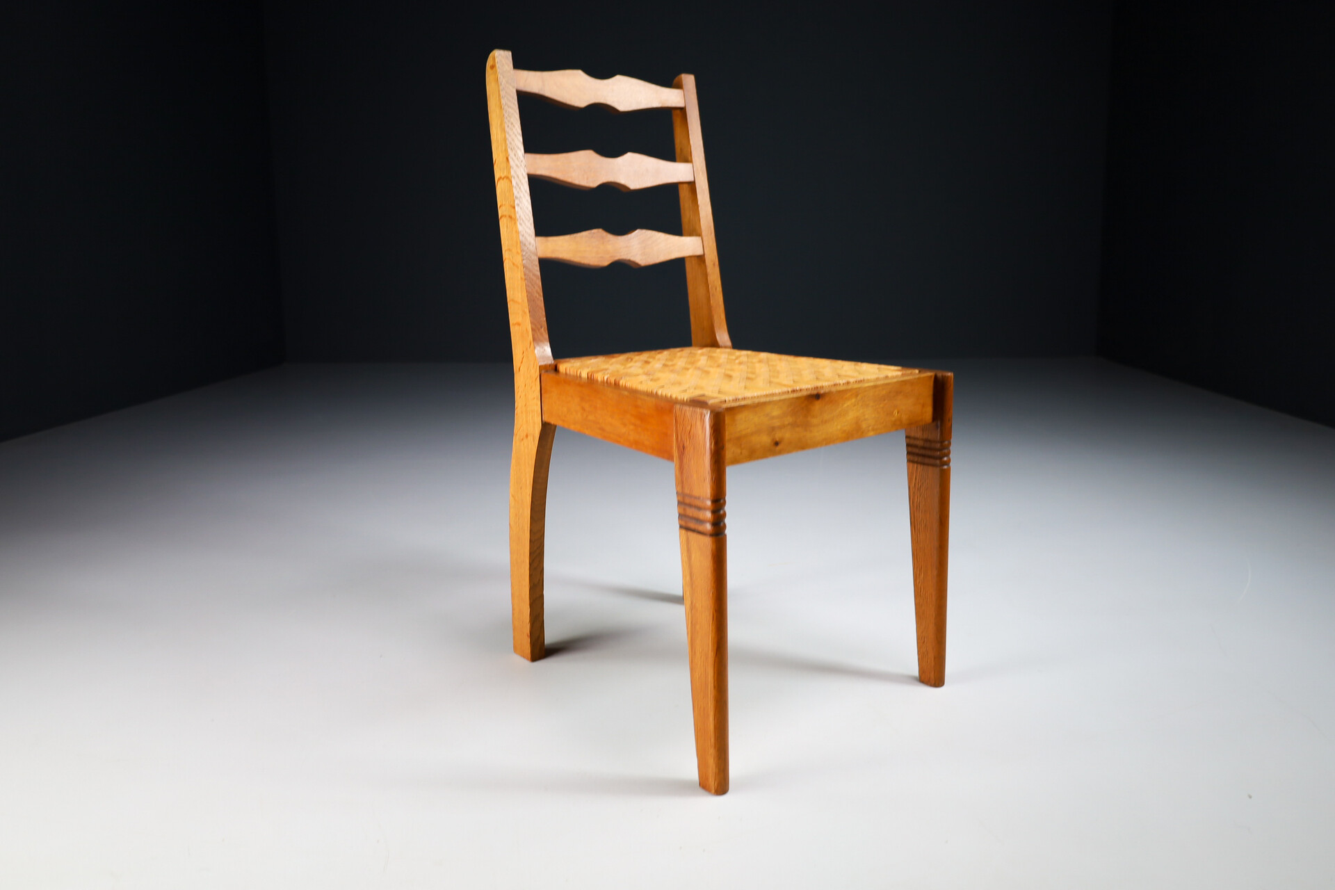 Mid century modern Set/6 Oak and cane dining chairs France 1950s Mid-20th century