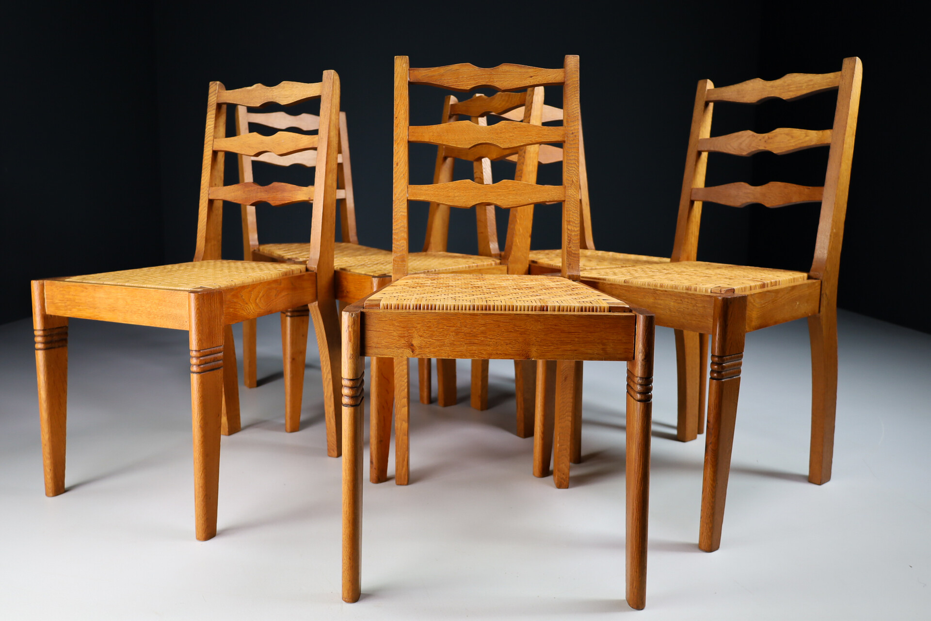 Mid century modern Set/6 Oak and cane dining chairs France 1950s Mid-20th century