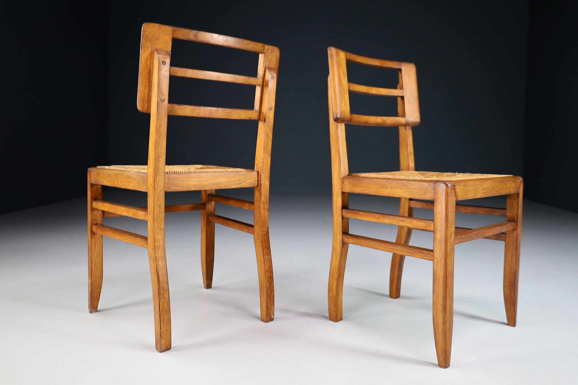 Mid century modern Side Chairs by Pierre Cruege in Oak and Cane, France, 1940s Mid-20th century