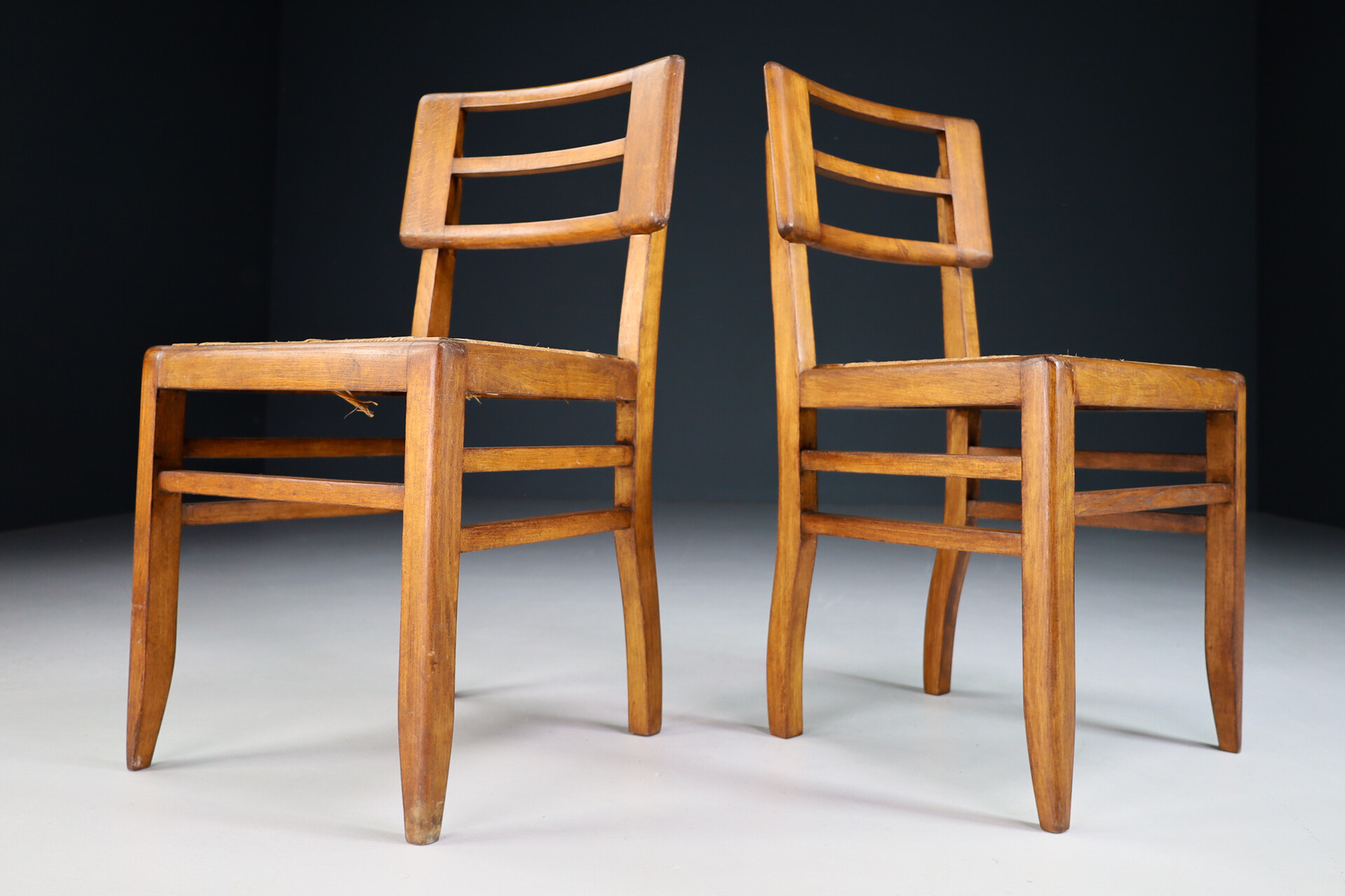 Mid century modern Side Chairs by Pierre Cruege in Oak and Cane, France, 1940s Mid-20th century