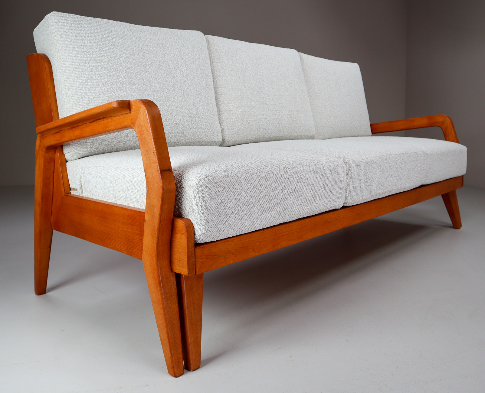 Mid-Century Modern Sofa with Pull Out Bed in Ash and Re-Upholsterd Bouclé Fabric France 1950s Mid-20th century