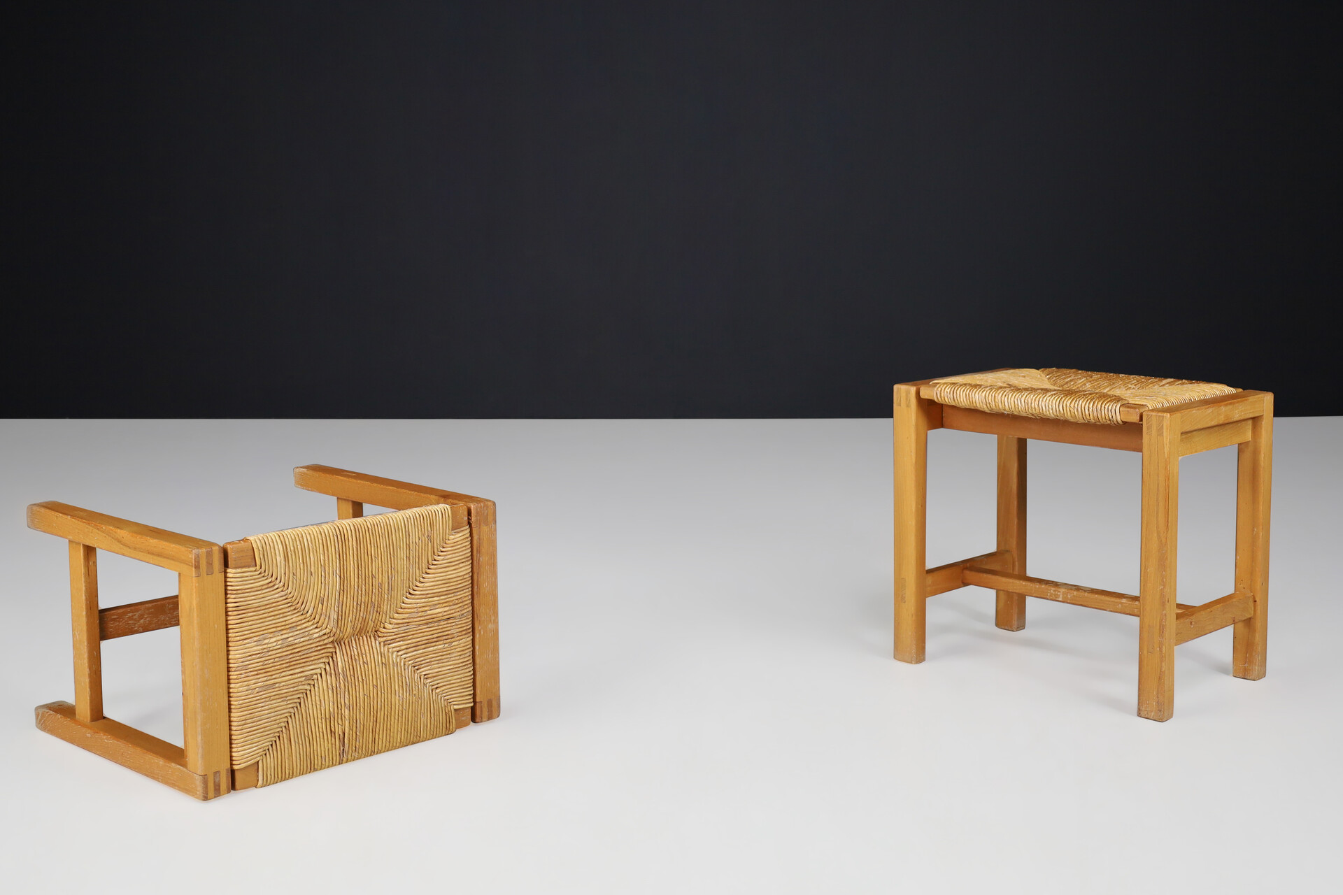 Mid century modern Solid Elm and Rush Stools by Maison Regain, France, 1970s Late-20th century