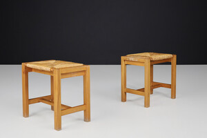 Mid century modern Solid Elm and Rush Stools by Maison Regain, France, 1970s Late-20th century