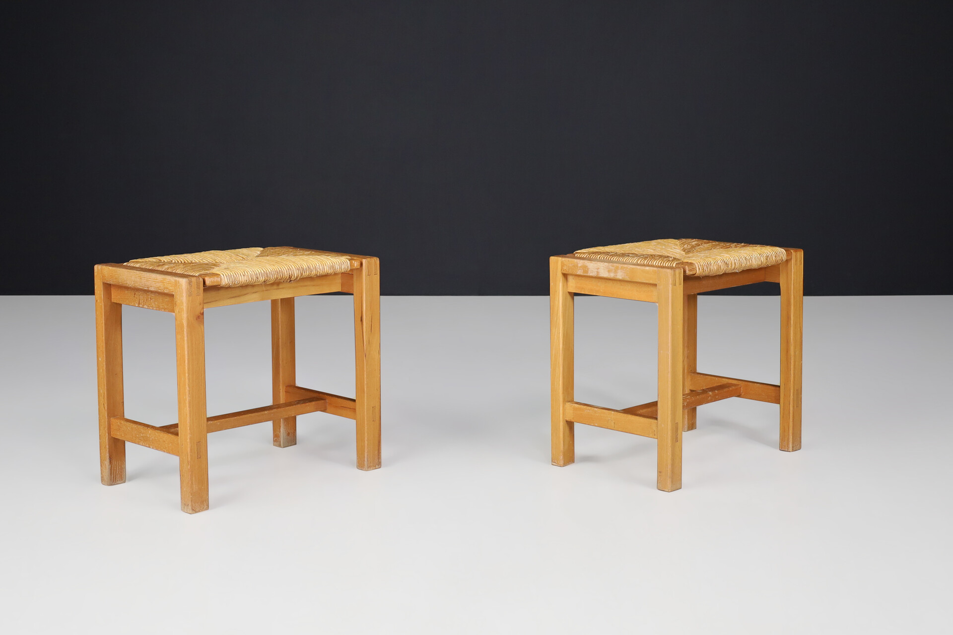 Mid century modern Solid Elm and Rush Stools by Maison Regain, France, 1970s Late-20th century