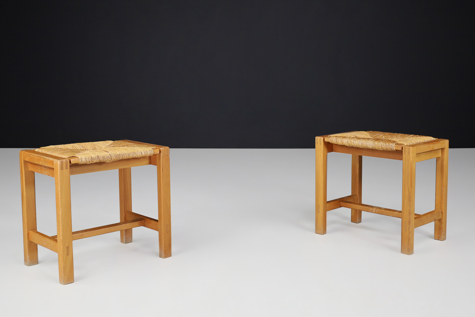 Mid century modern Solid Elm and Rush Stools by Maison Regain, France, 1970s Late-20th century