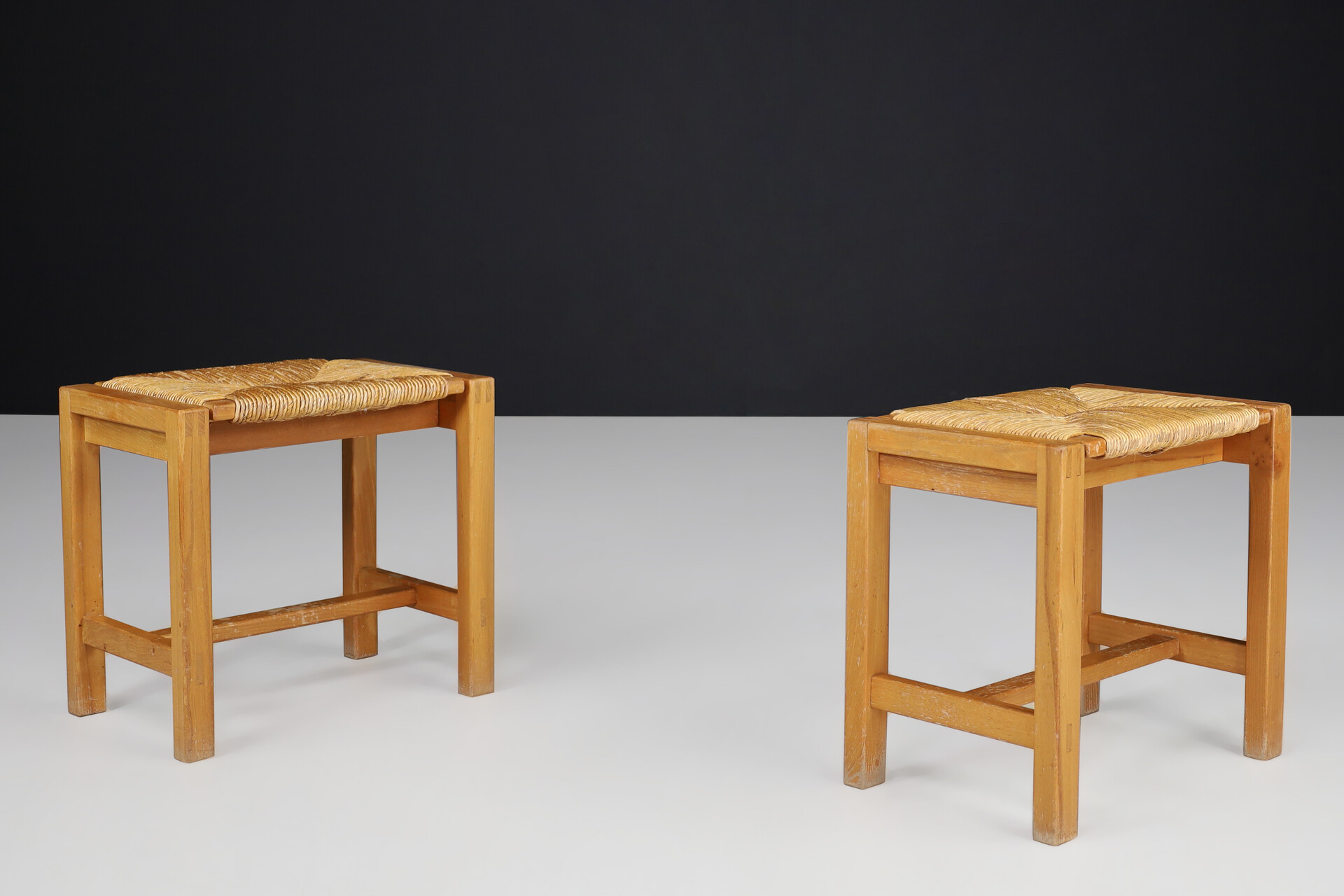 Mid century modern Solid Elm and Rush Stools by Maison Regain, France, 1970s Late-20th century