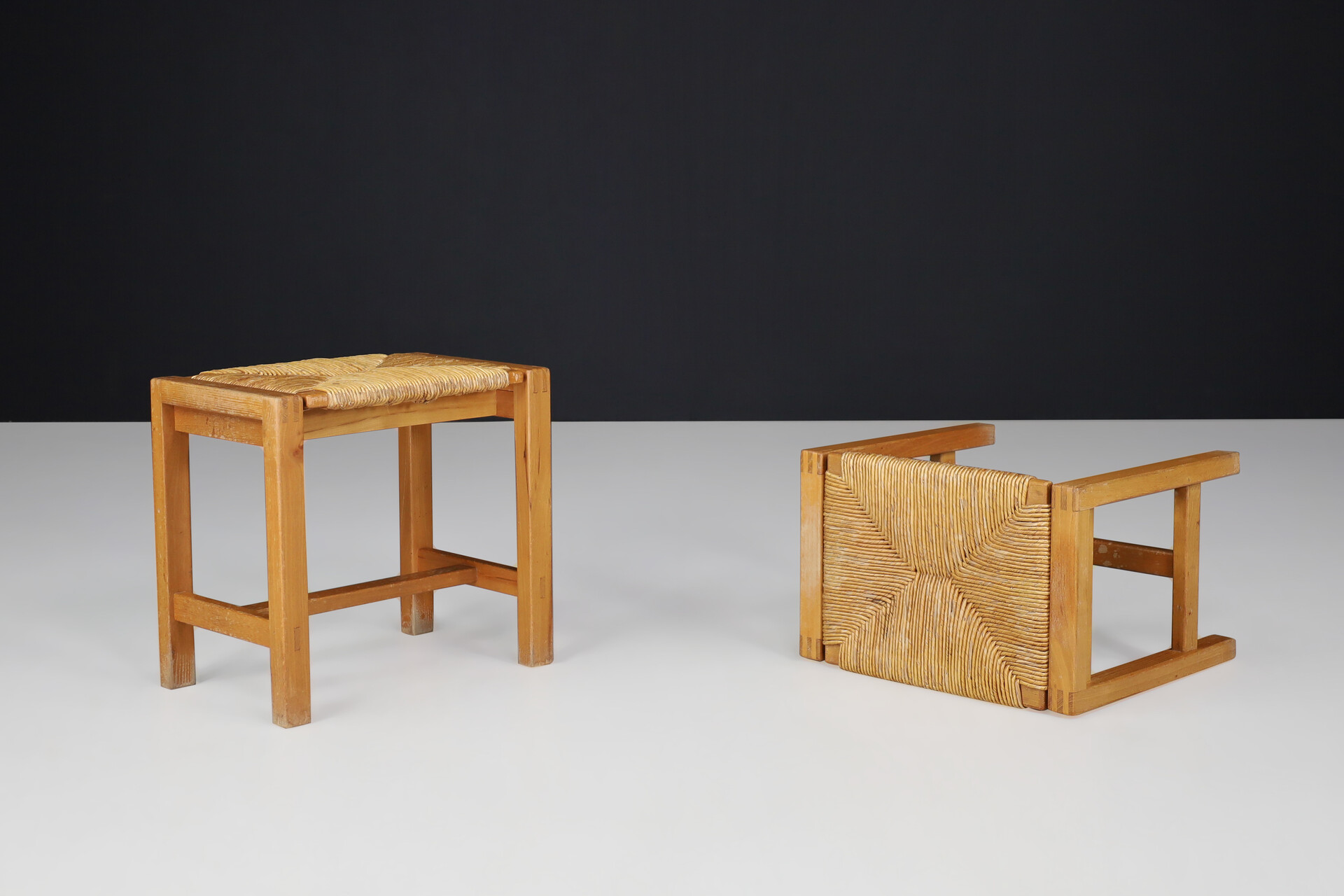 Mid century modern Solid Elm and Rush Stools by Maison Regain, France, 1970s Late-20th century