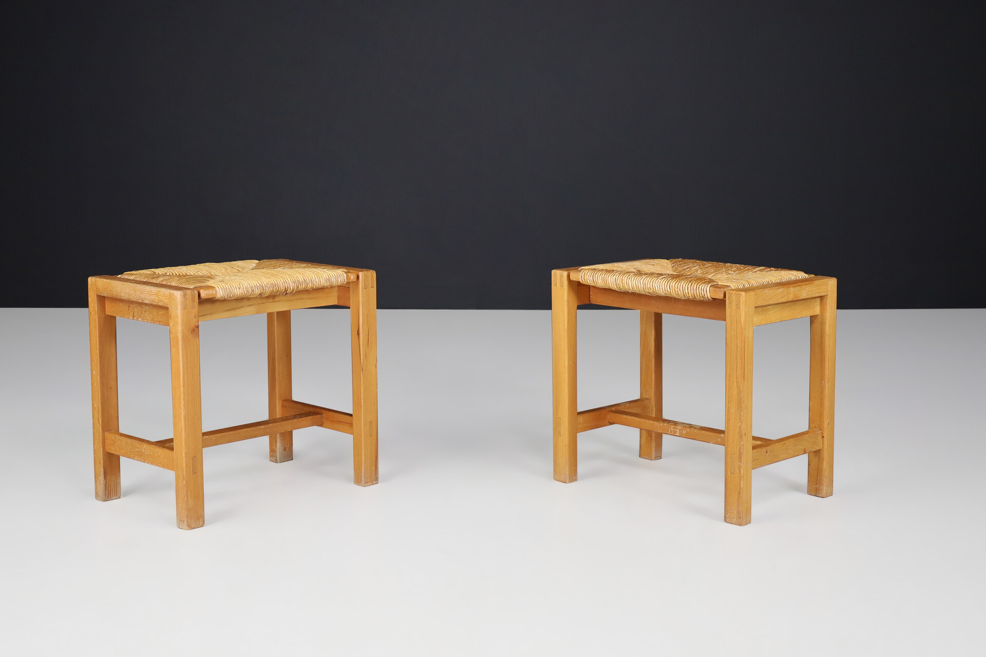 Mid century modern Solid Elm and Rush Stools by Maison Regain, France, 1970s Late-20th century