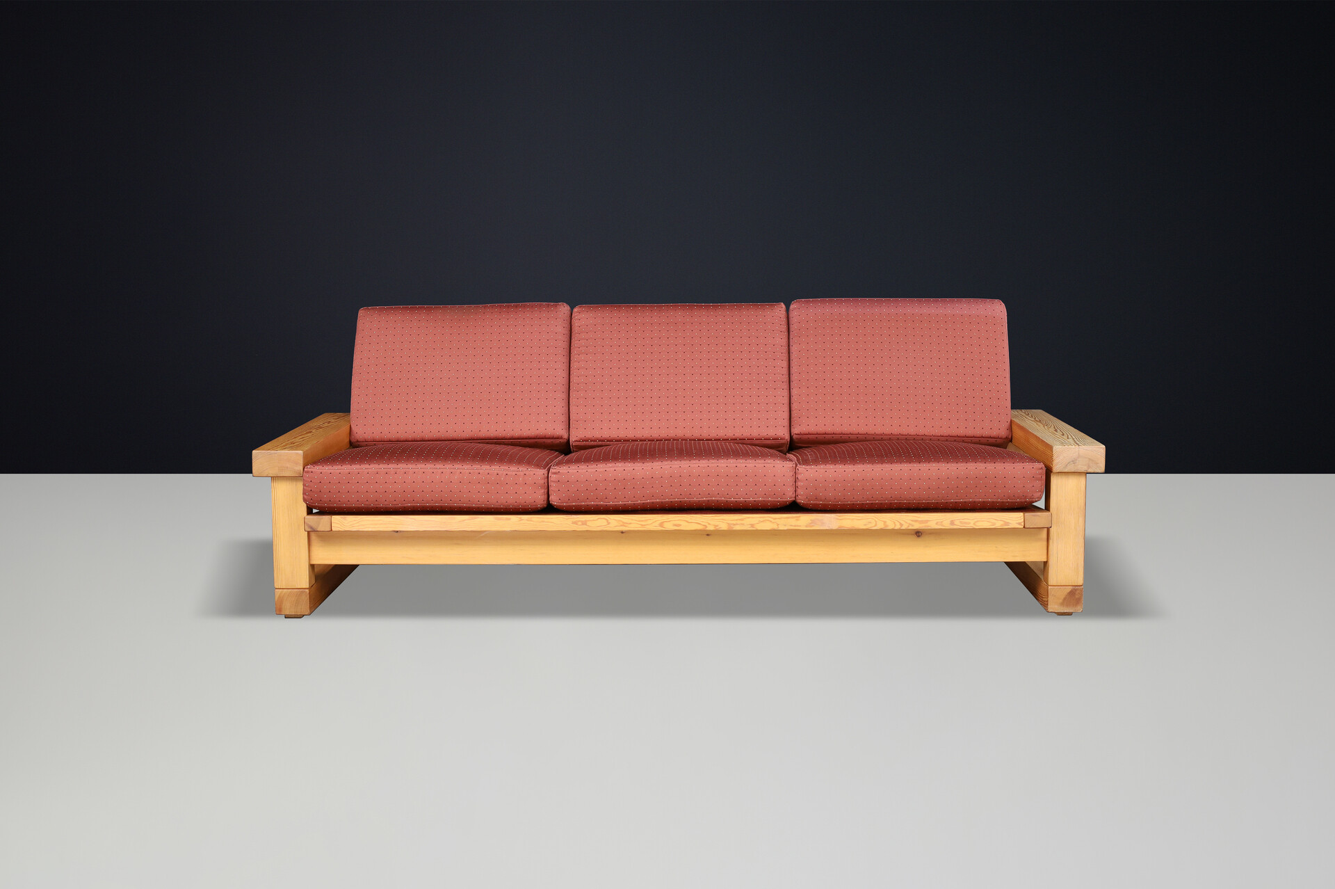 Mid century modern Solid pine 3 seat sofa, France 1970s Late-20th century