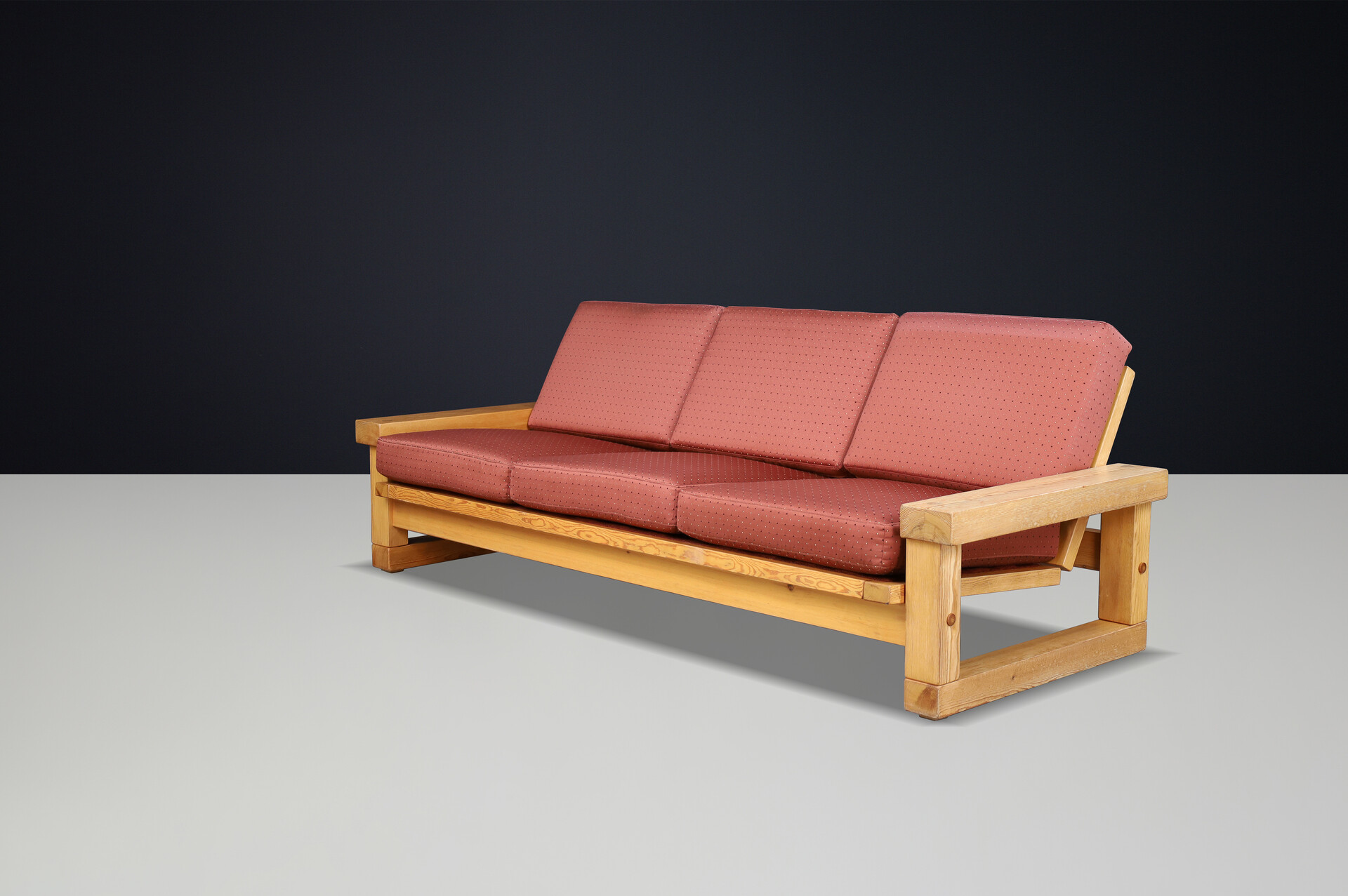 Mid century modern Solid pine 3 seat sofa, France 1970s Late-20th century