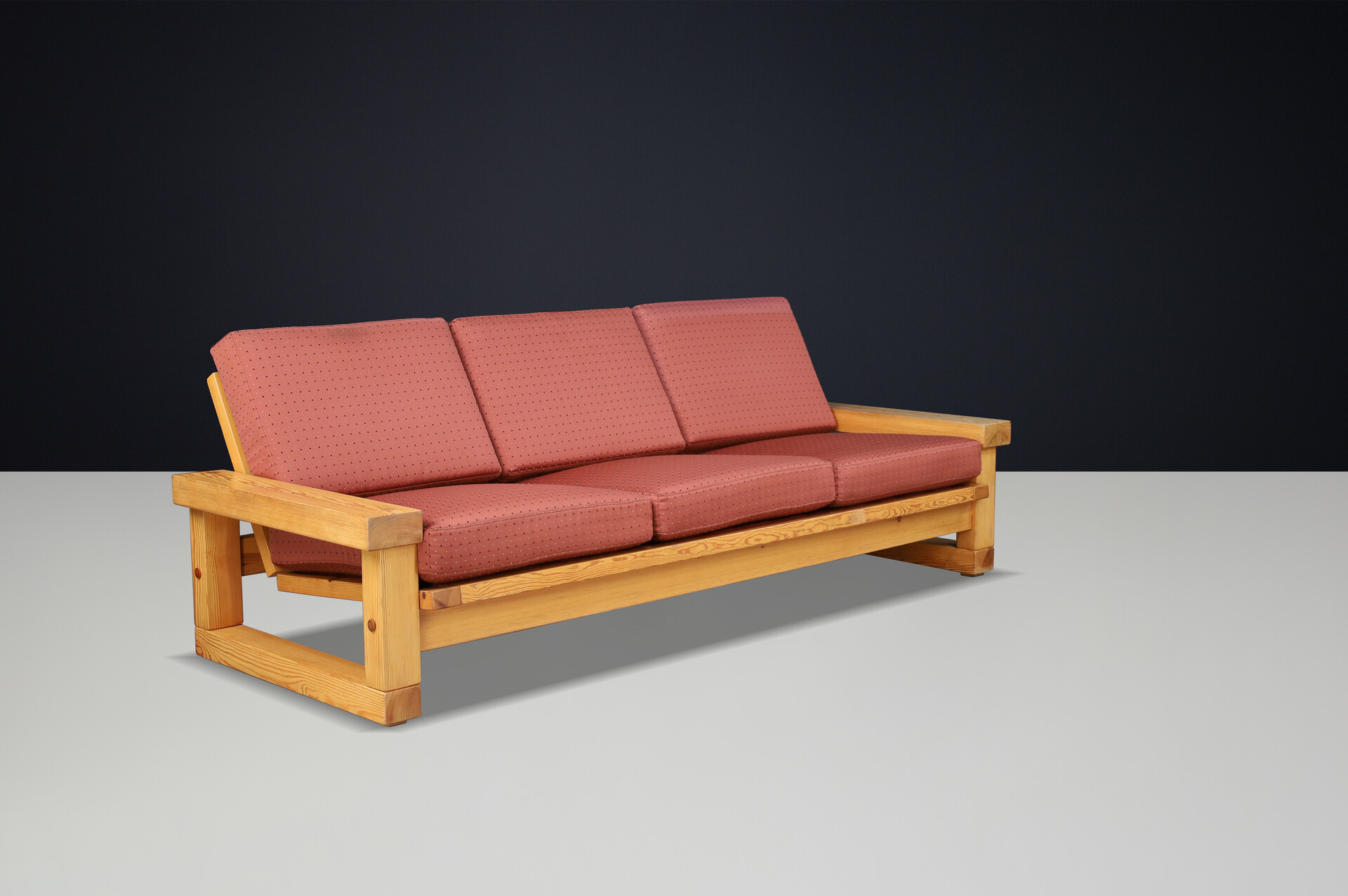Mid century modern Solid pine 3 seat sofa, France 1970s Late-20th century