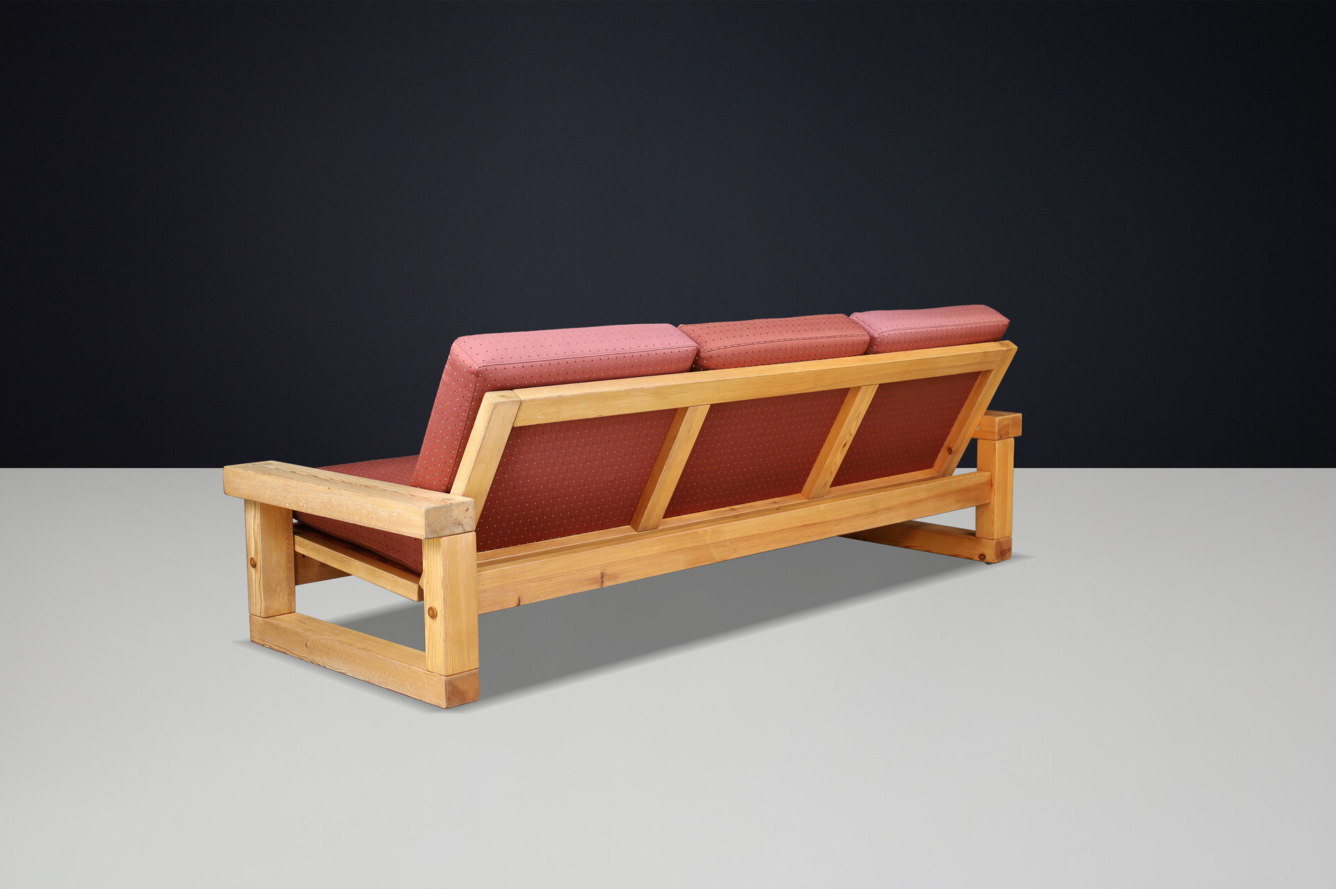 Mid century modern Solid pine 3 seat sofa, France 1970s Late-20th century