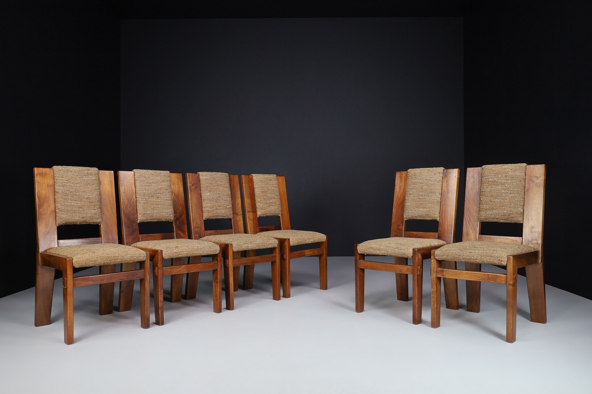 Mid century modern Solid Walnut and original fabric dining chairs, Italy 1970s Late-20th century