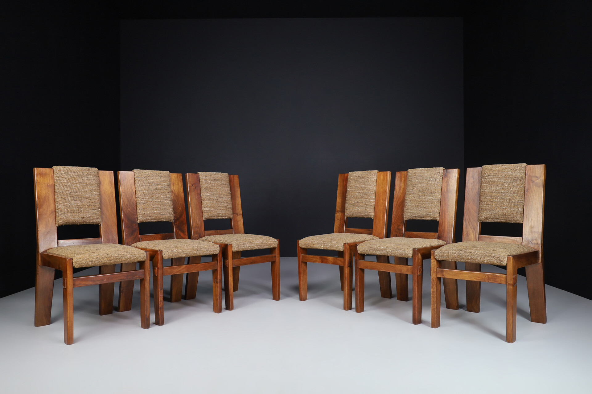 Mid century modern Solid Walnut and original fabric dining chairs, Italy 1970s Late-20th century
