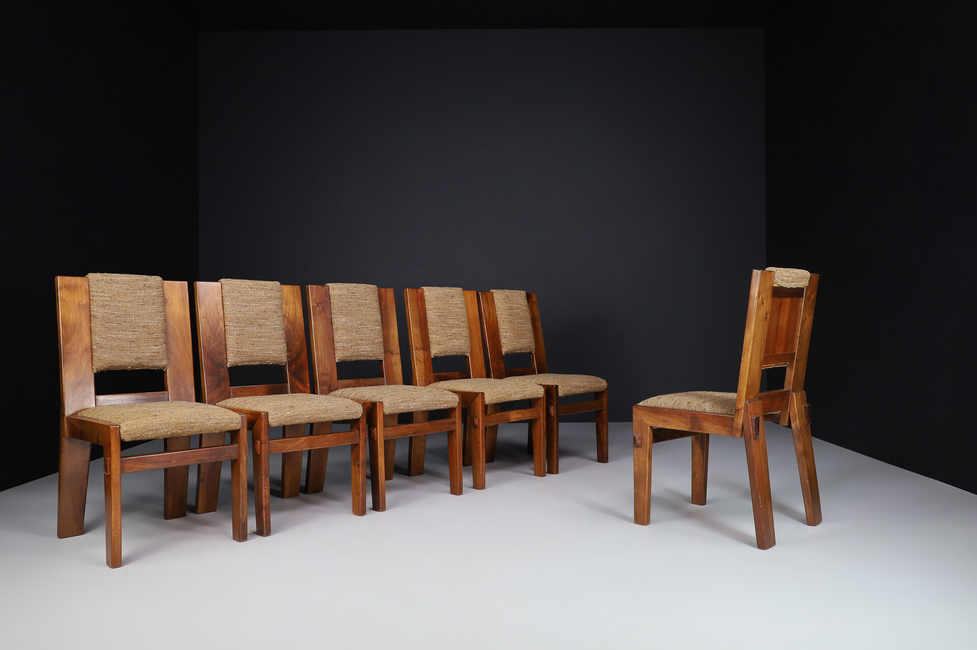 Mid century modern Solid Walnut and original fabric dining chairs, Italy 1970s Late-20th century