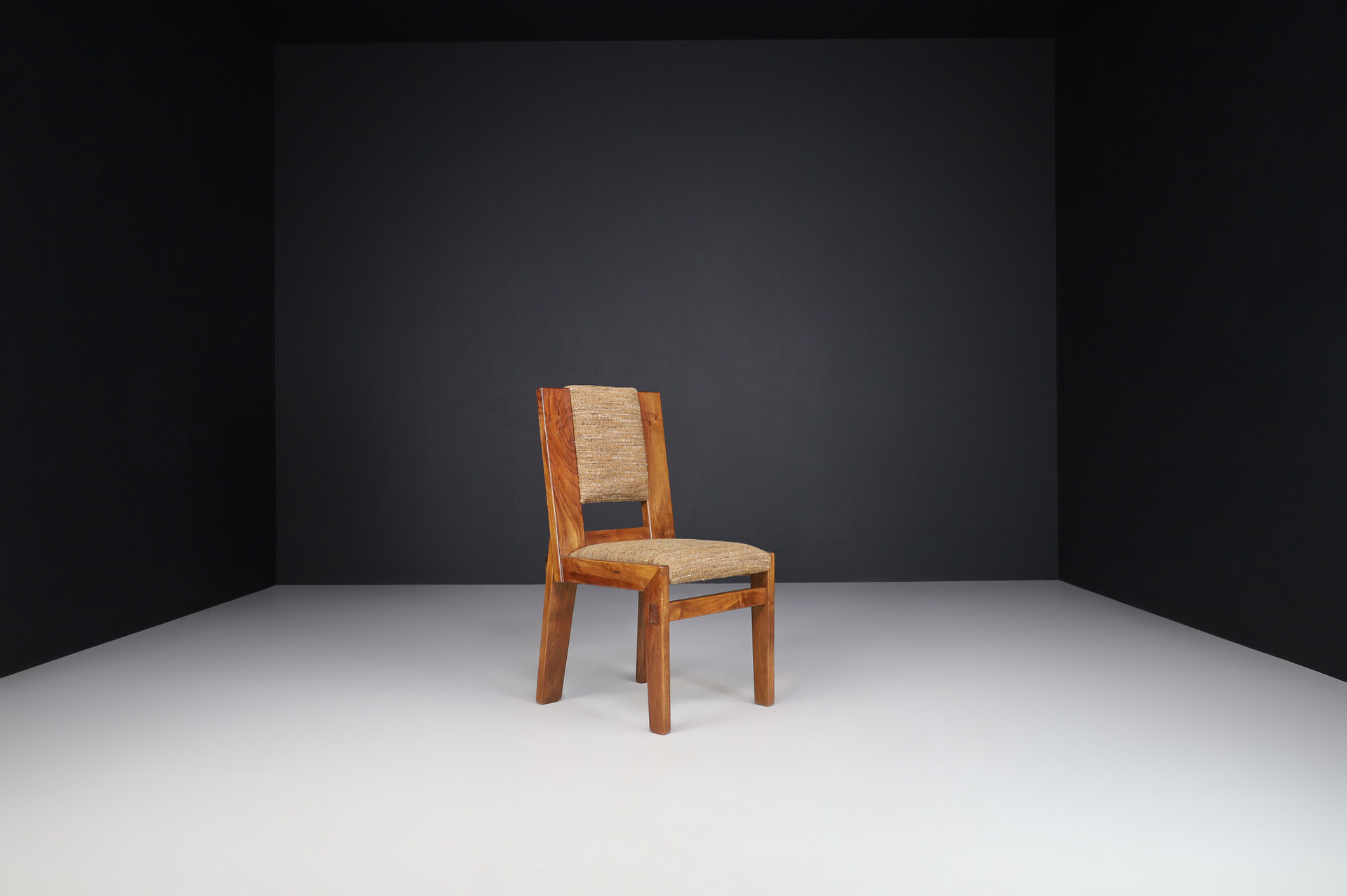 Mid century modern Solid Walnut and original fabric dining chairs, Italy 1970s Late-20th century