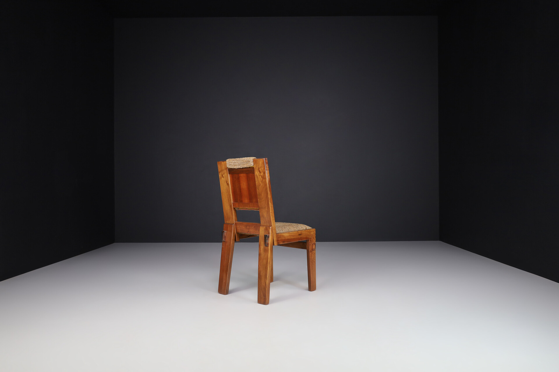 Mid century modern Solid Walnut and original fabric dining chairs, Italy 1970s Late-20th century