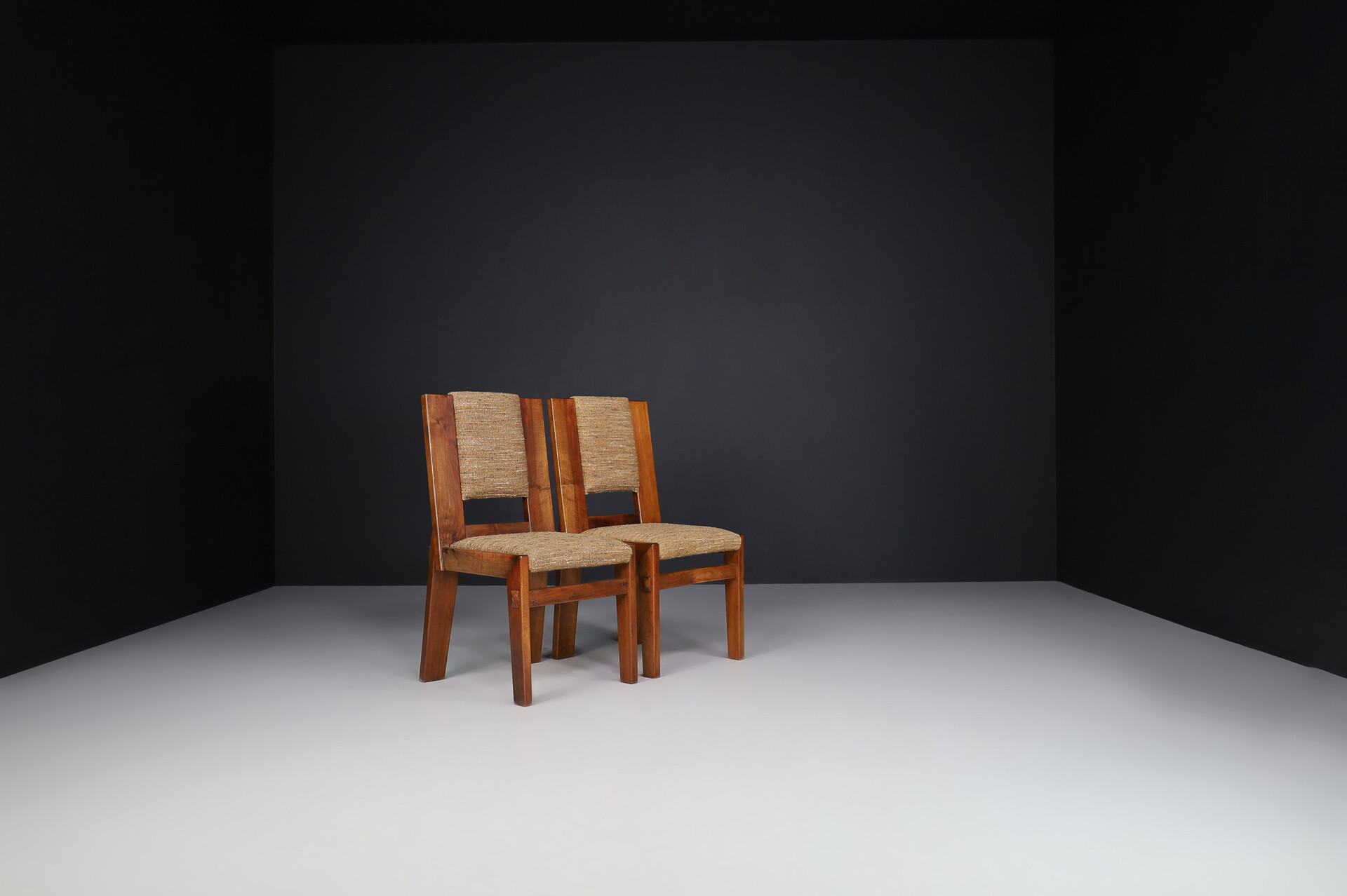 Mid century modern Solid Walnut and original fabric dining chairs, Italy 1970s Late-20th century