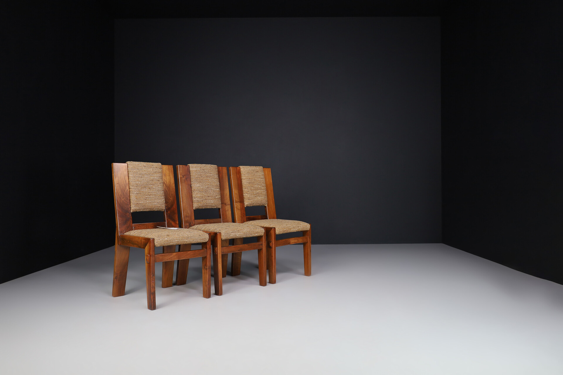 Mid century modern Solid Walnut and original fabric dining chairs, Italy 1970s Late-20th century