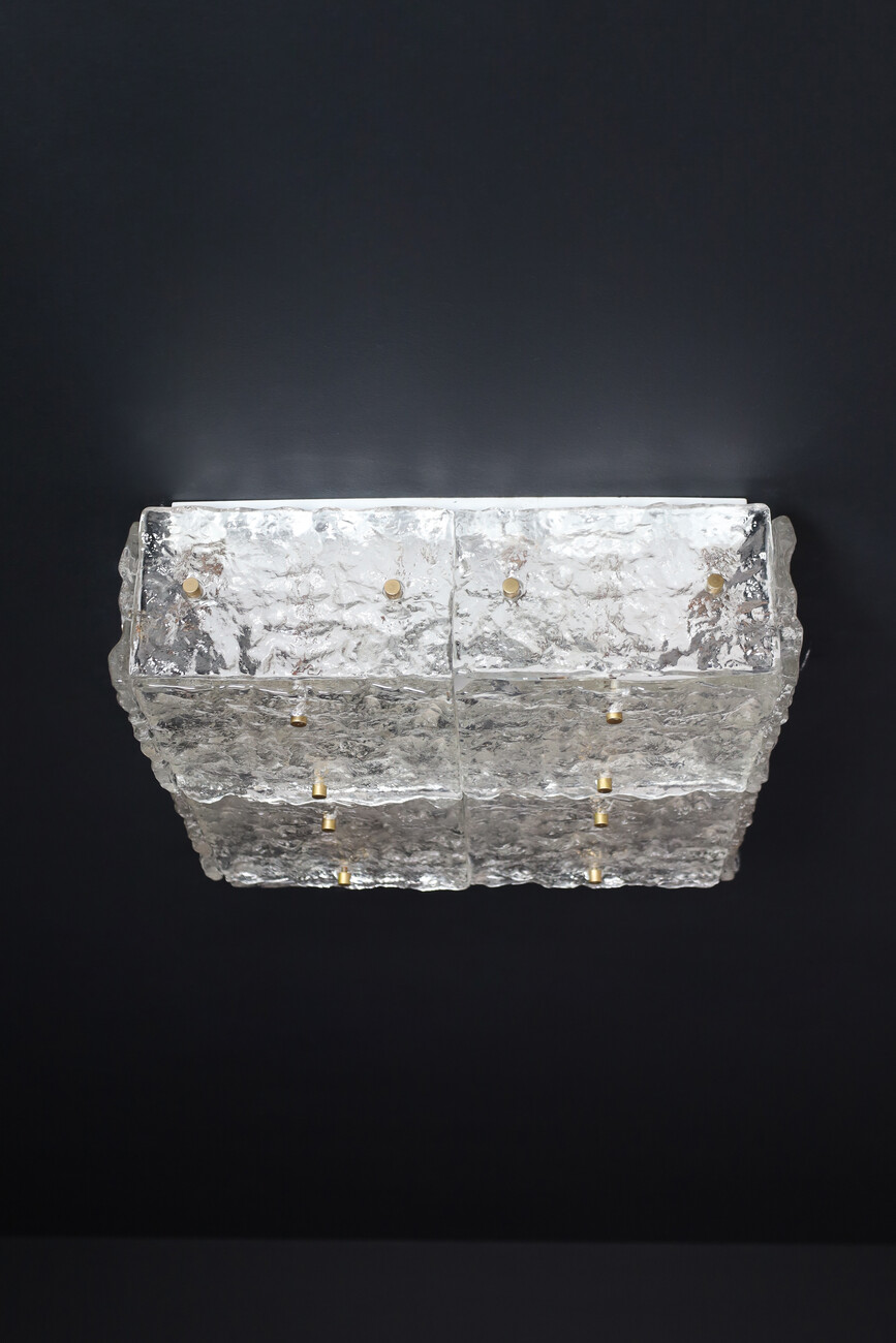 Mid century modern Square Kalmar Iced Glass Flush Mount / Ceiling lamp / wall Light , Austria 1960s Mid-20th century