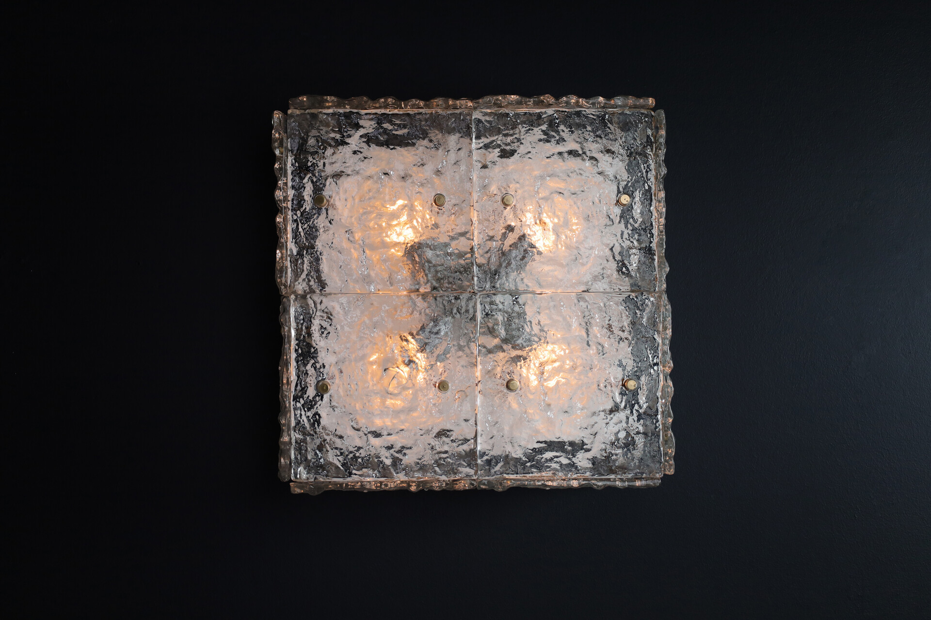 Mid century modern Square Kalmar Iced Glass Flush Mount / Ceiling lamp / wall Light , Austria 1960s Mid-20th century