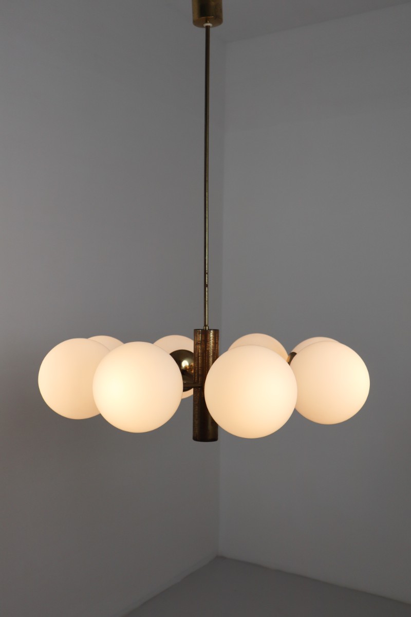 Mid century modern Strong Patinated brass chandelier with opaline globes , Germany 1960s Mid-20th century