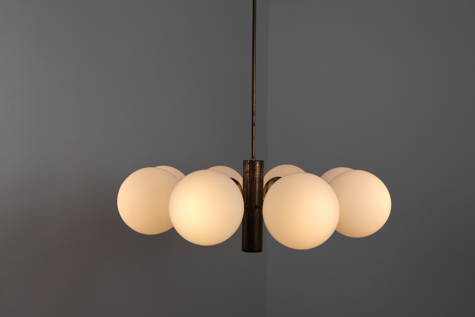 Mid century modern Strong Patinated brass chandelier with opaline globes , Germany 1960s Mid-20th century